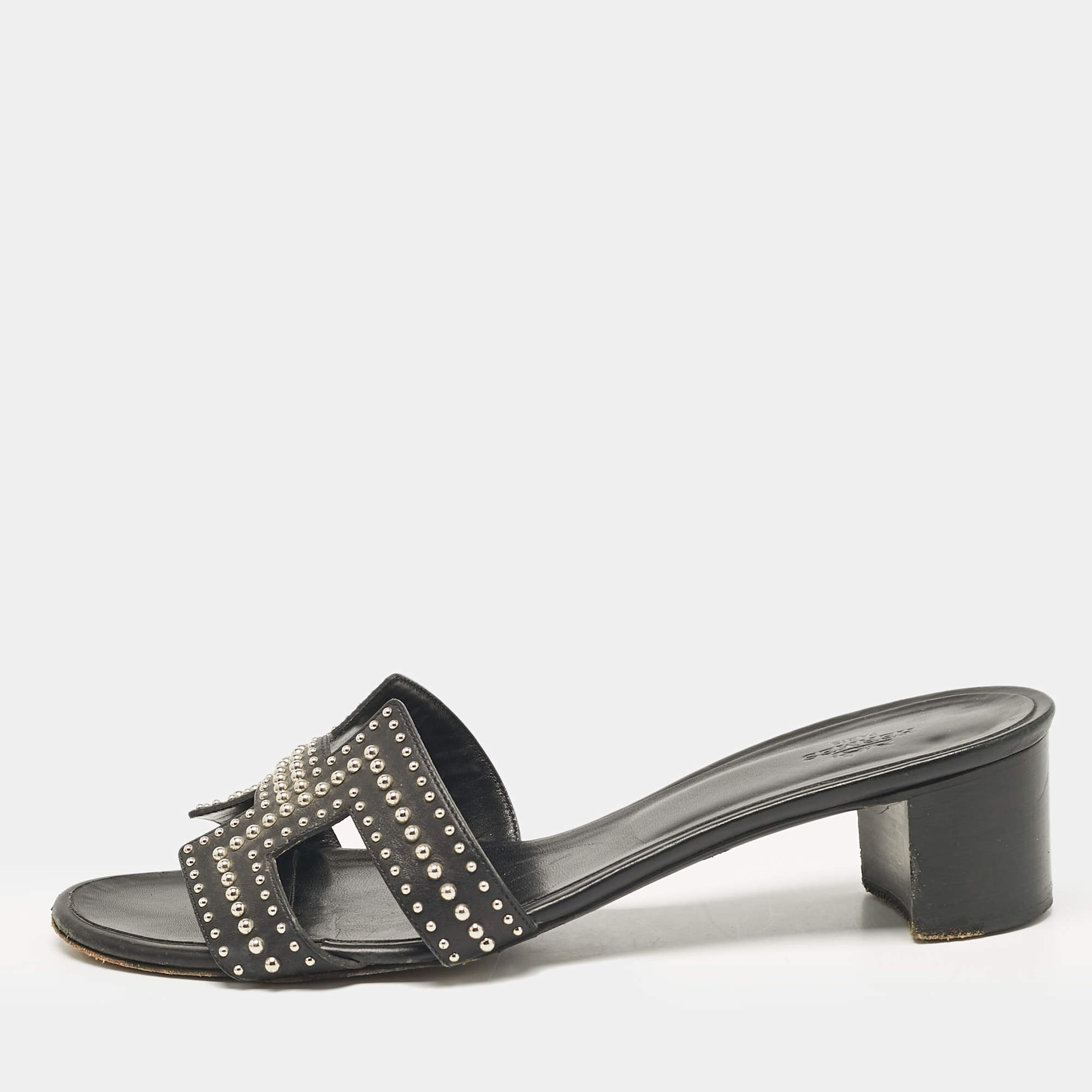 Hermes Black Studded Leather Oasis Sandals Size 40