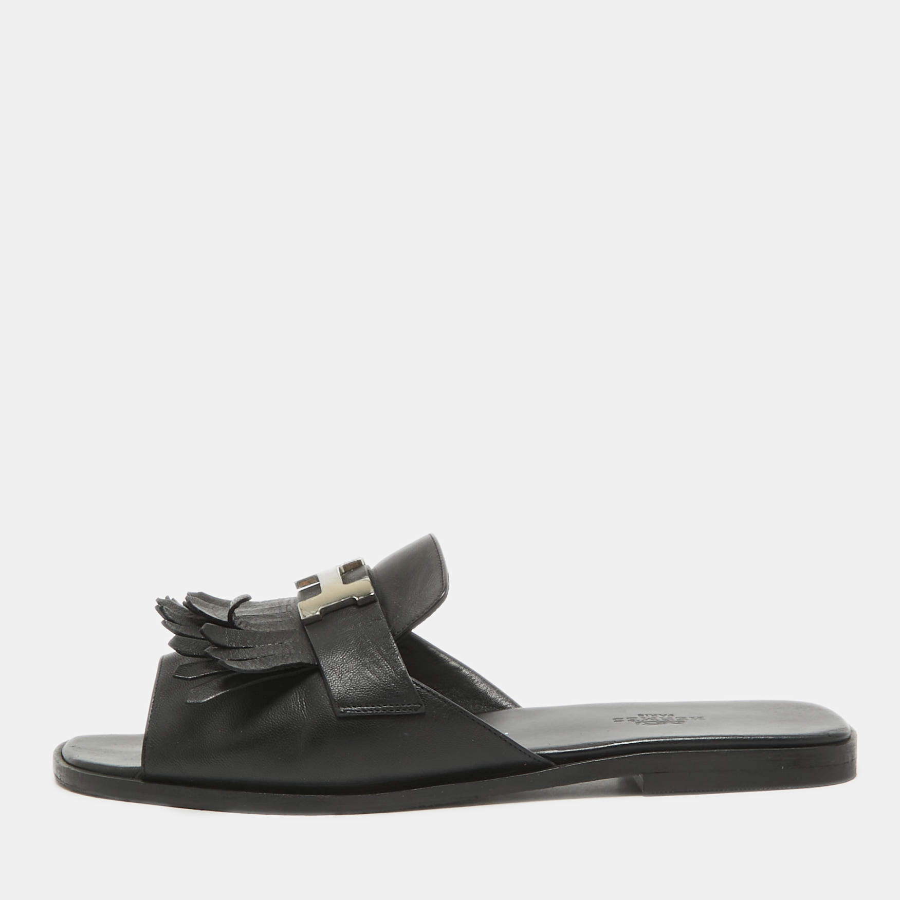 Pre Owned Hermes Black Leather Auteuil Flat Slide Sandals Size 40