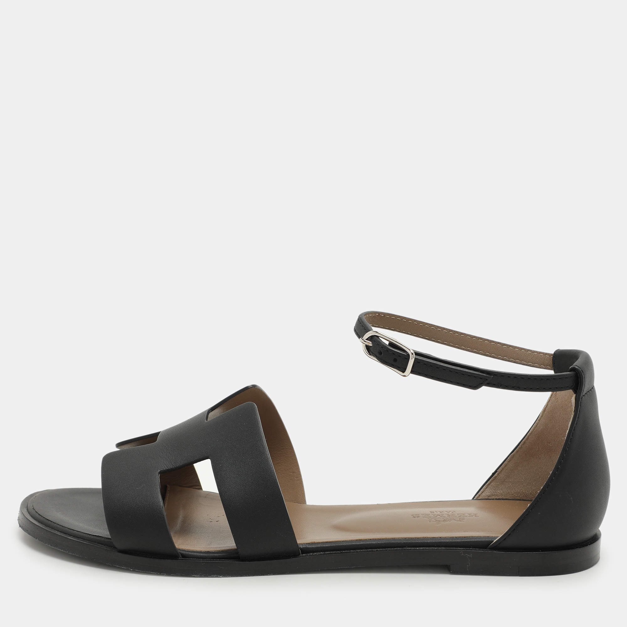 Hermes Black Leather Santorini Flat Sandals Size 39