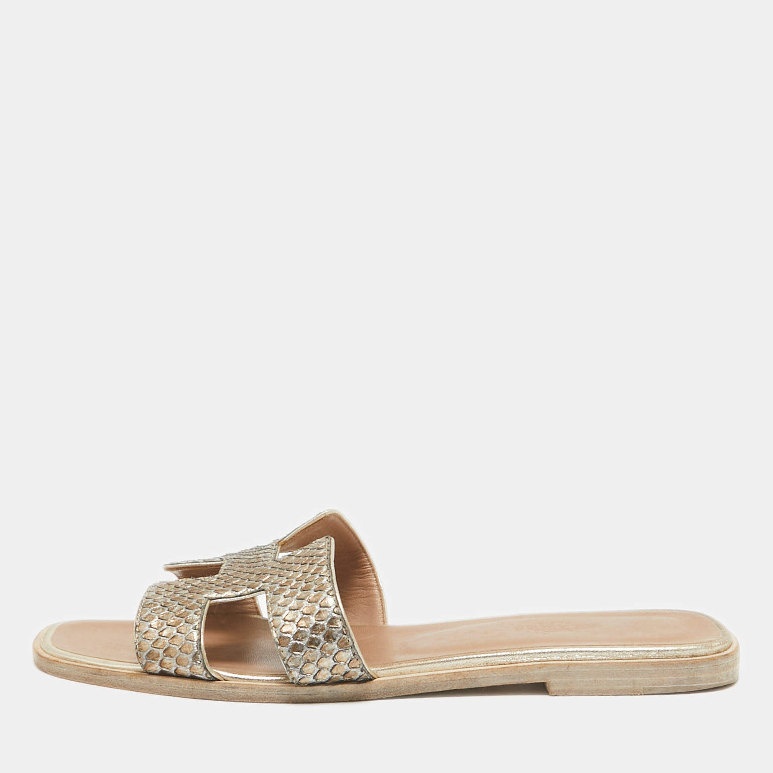 مملوكة مسبقًا Hermes Metallic Python Oran Flat Slides Size 38.5
