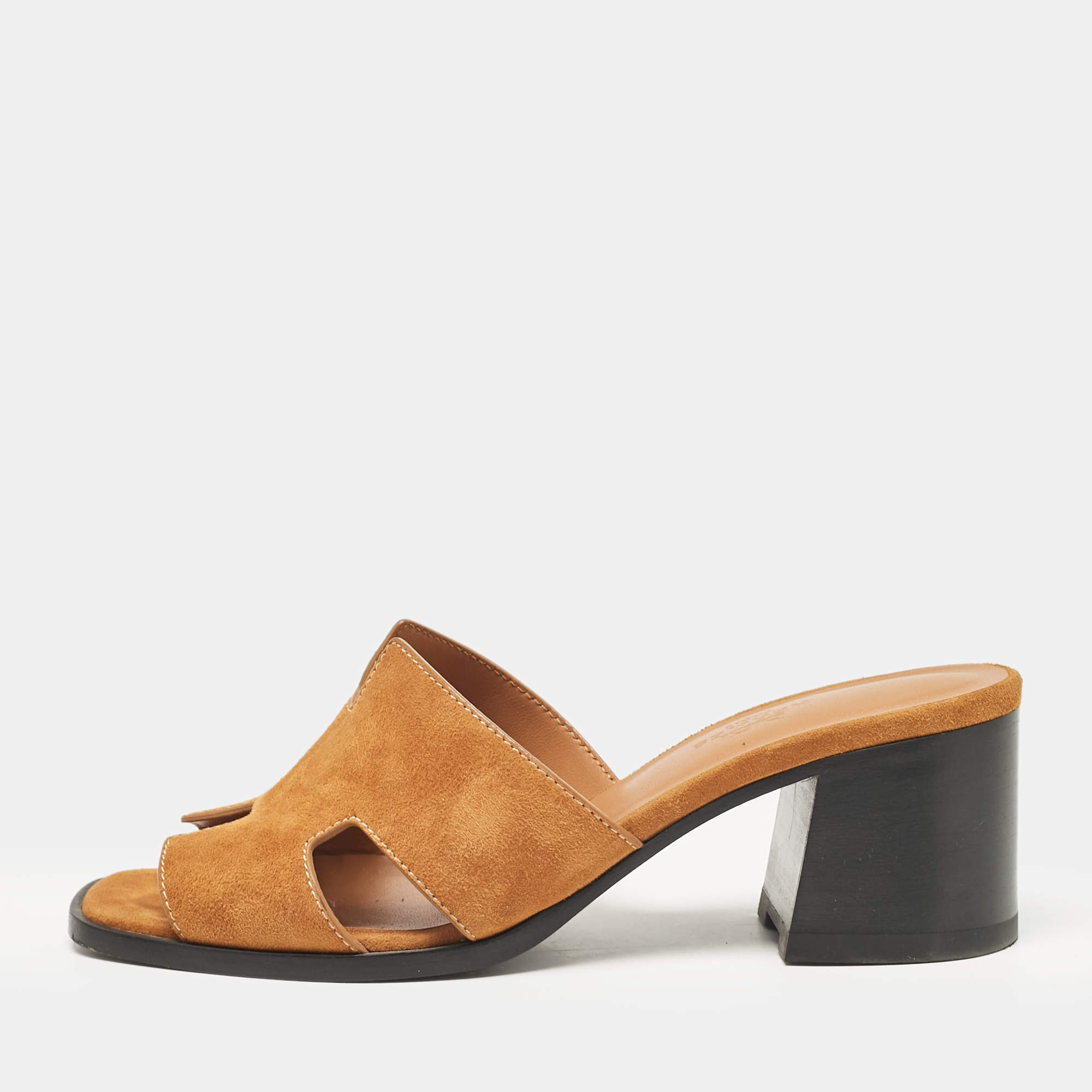 Pre Owned Hermes Brown Suede Helia Slide Sandals Size 37