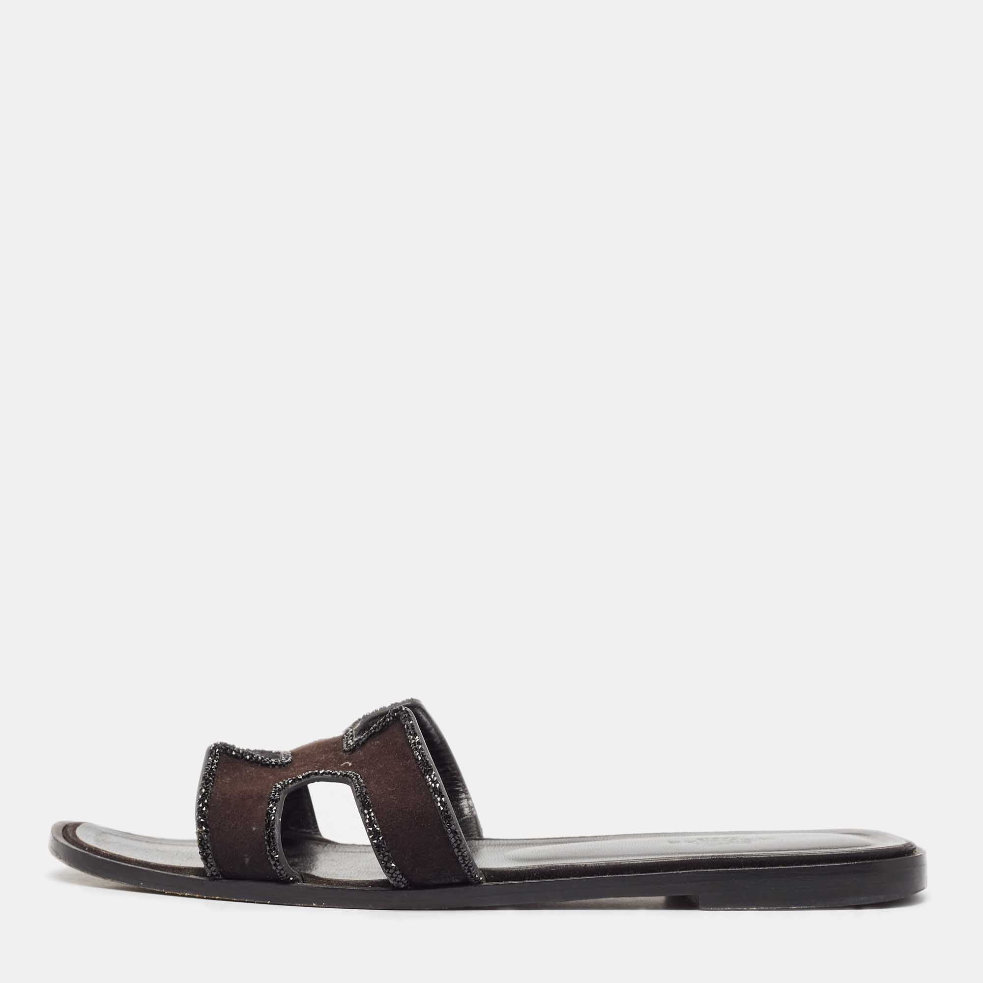 Pre Owned Hermes Black Suede Crystal Embellished Trim Oran Flat Slides Size 38