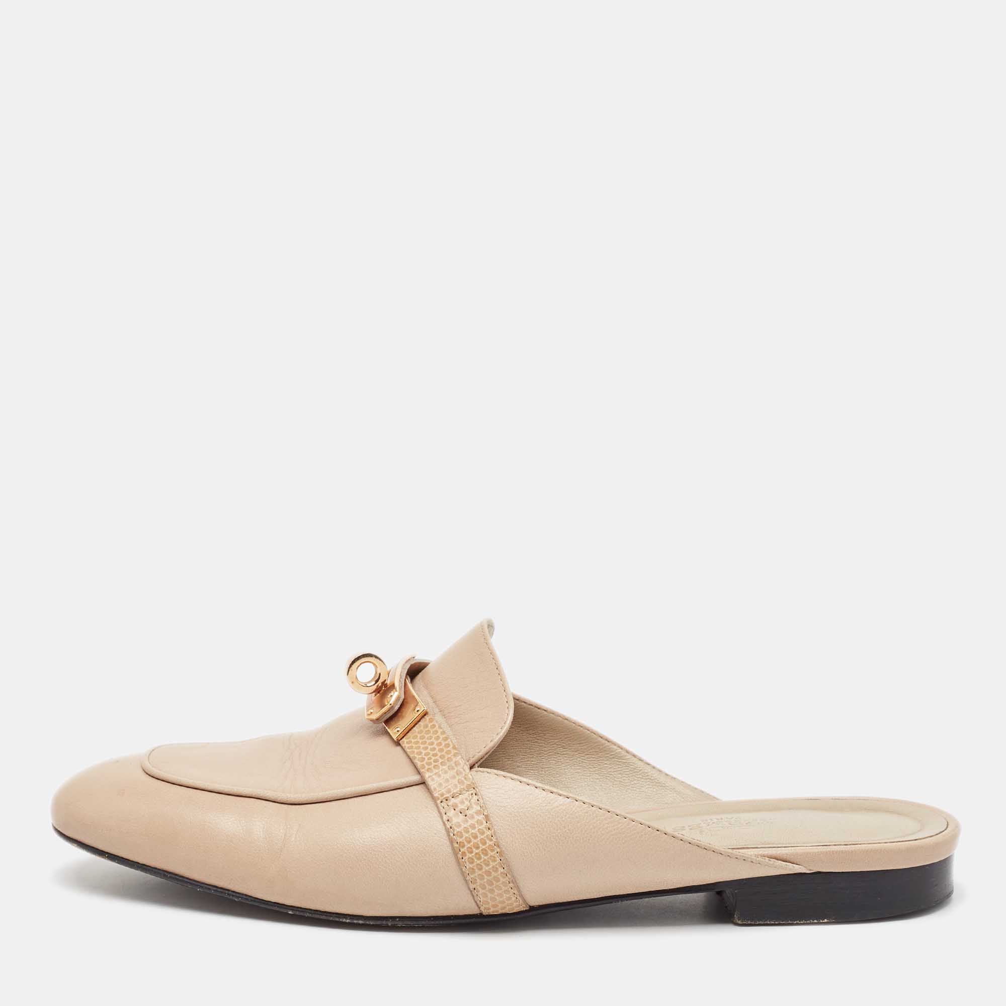 Pre Owned Hermes Beige Leather and Lizard Leather Oz Mules Size 37.5