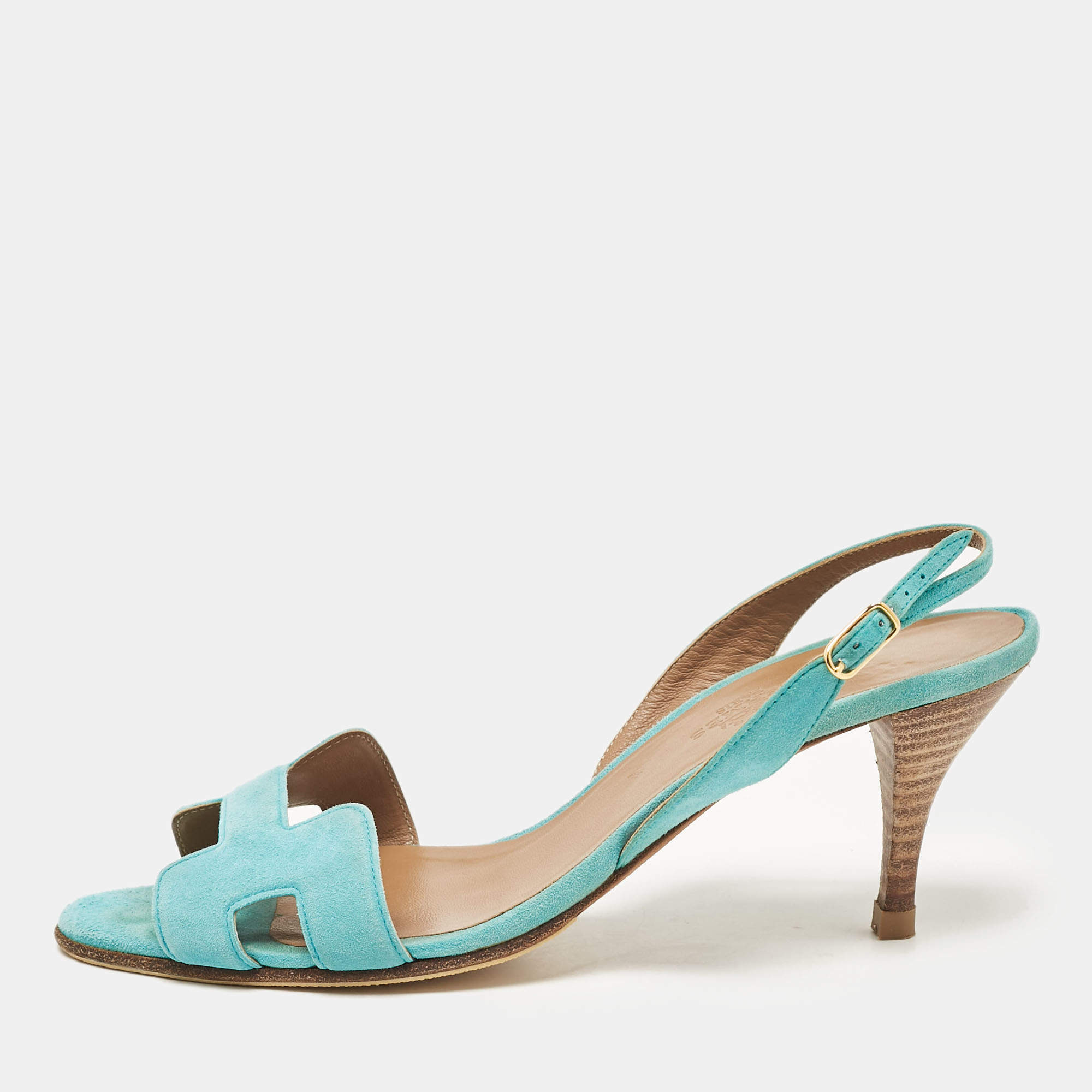 Pre Owned Hermes Turquoise Suede Night Slingback Sandals Size 38