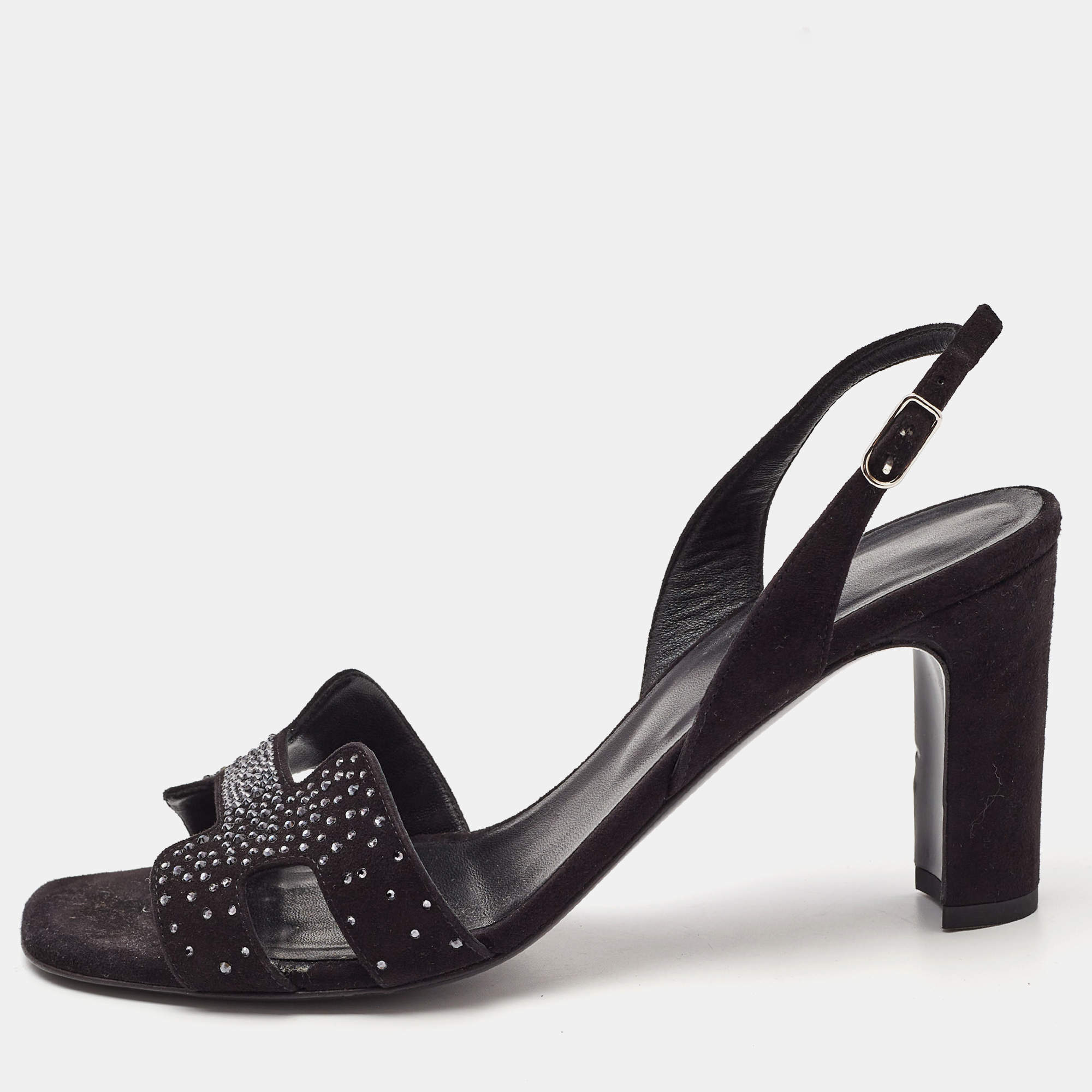 Hermes Black Embellished Suede Ella Sandals Size 38.5