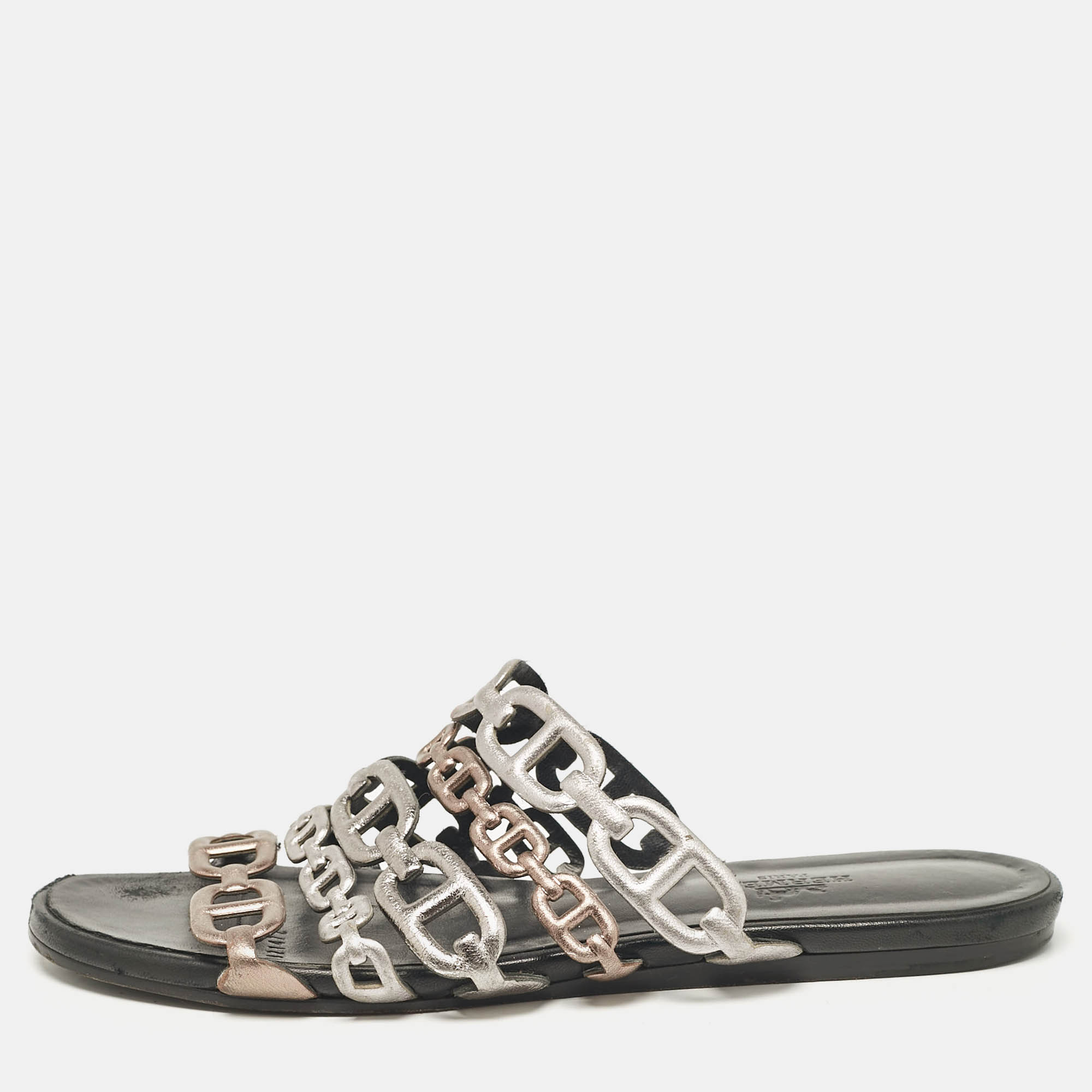 Hermes Metallic Leather Thalassa Flat Slides Size 36