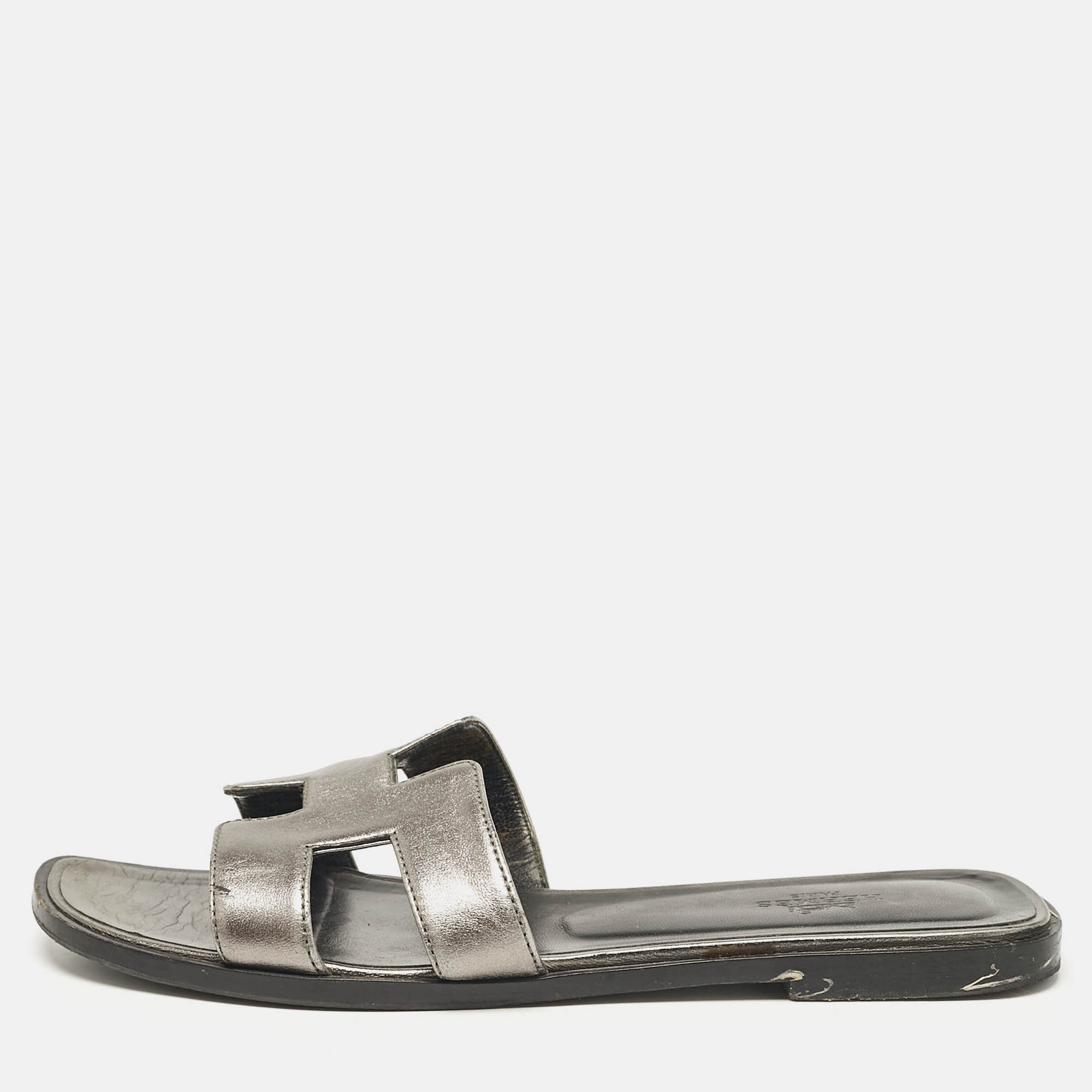 Hermes Metallic Grey Leather Oran Flat Slides Size 38