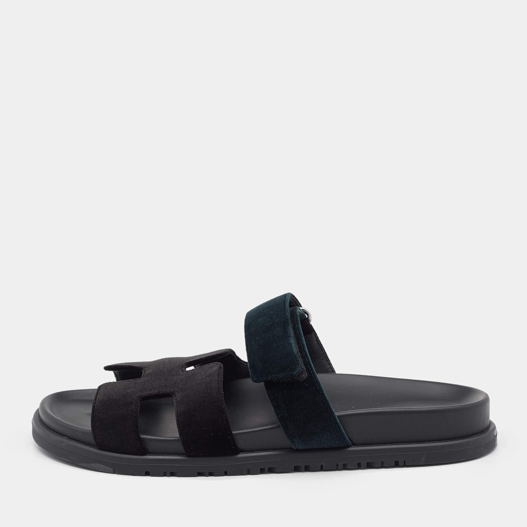 Hermes Black/Green  Velvet Chypre Flat Sandals Size 40
