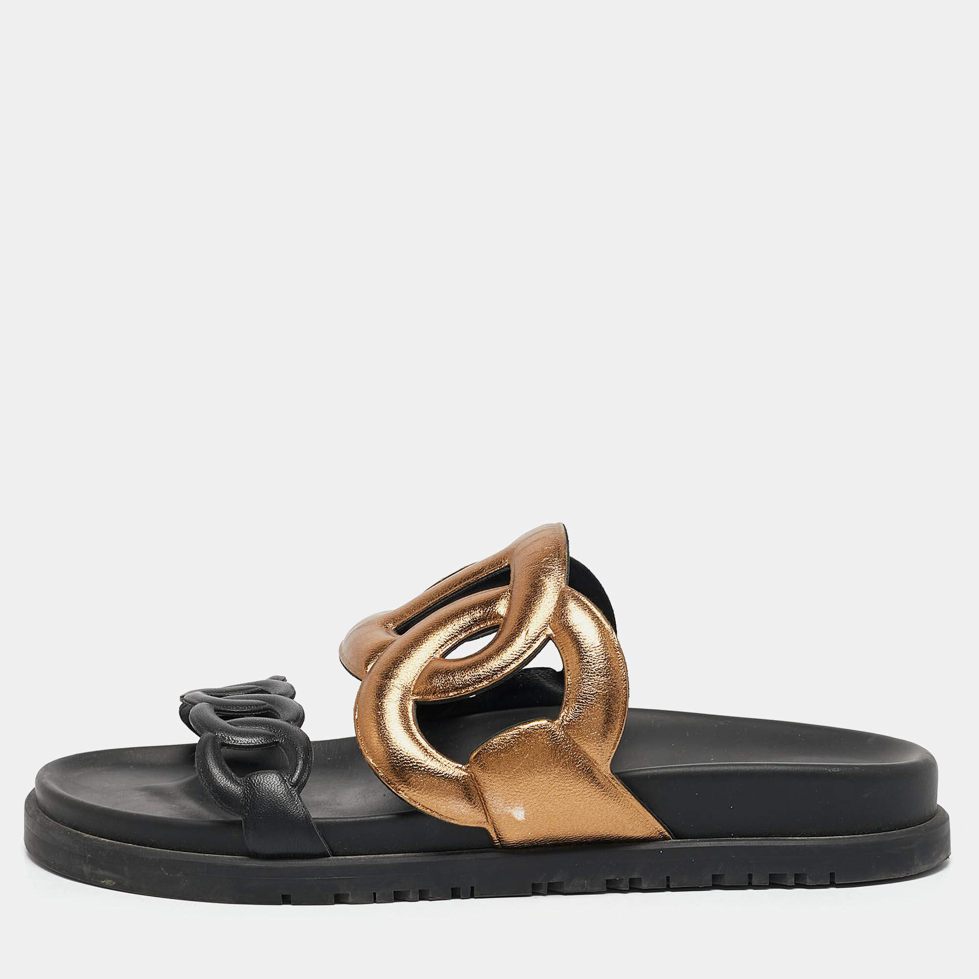 Hermes Black/Gold Leather Extra Sandals Size 36