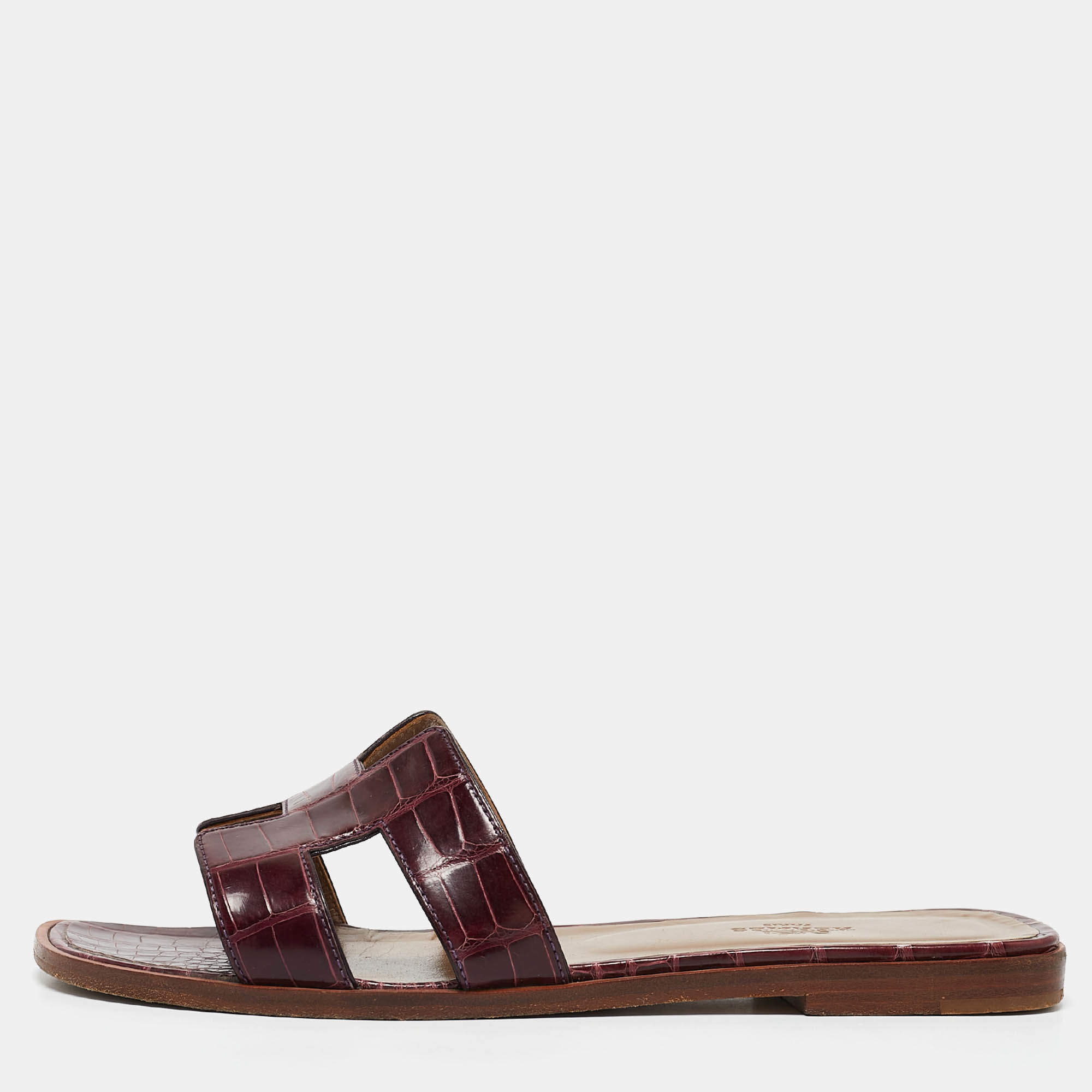 Hermes Purple Alligator Oran Flat Slides Size 37.5