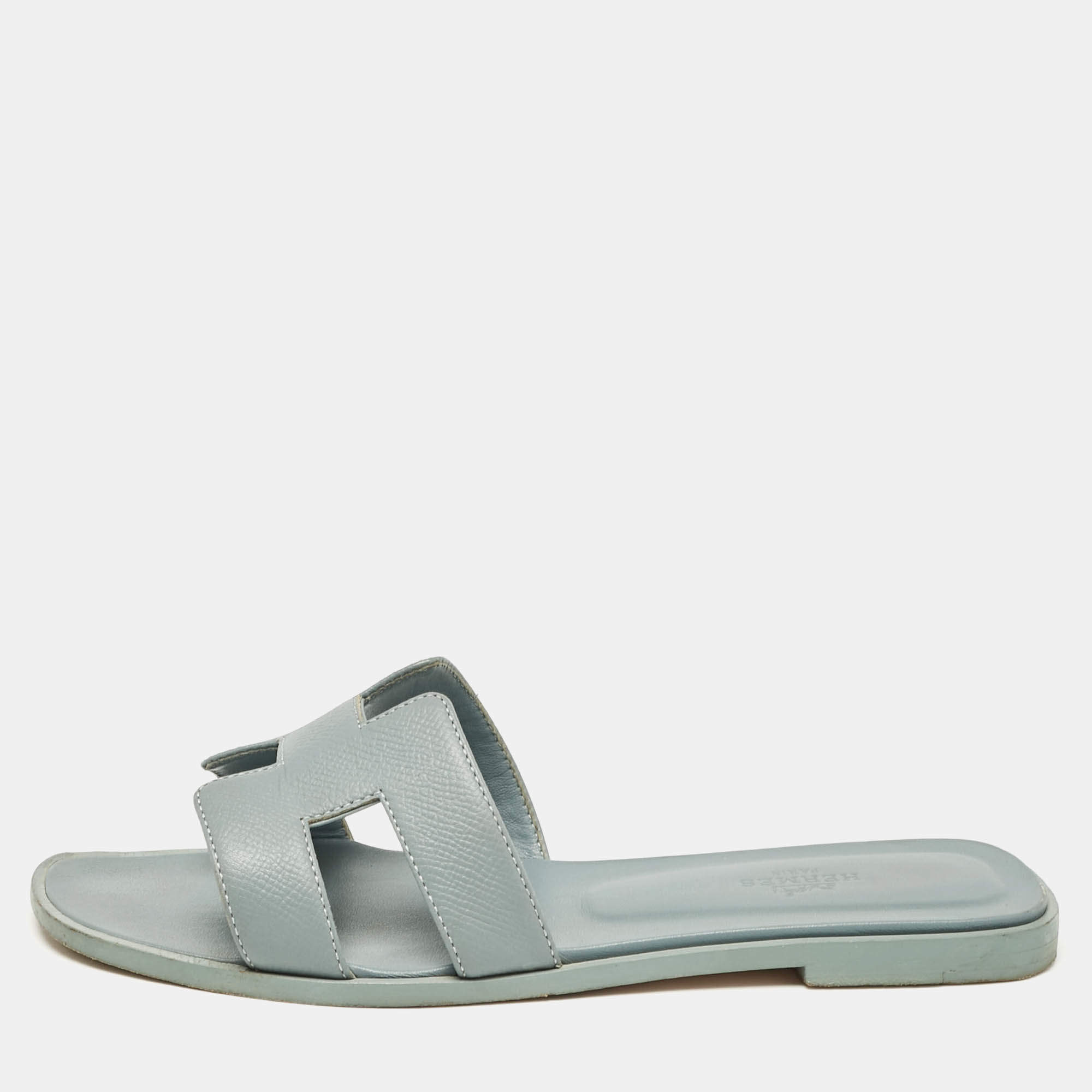 Hermes Grey Leather Oran Flat Slides Size 38