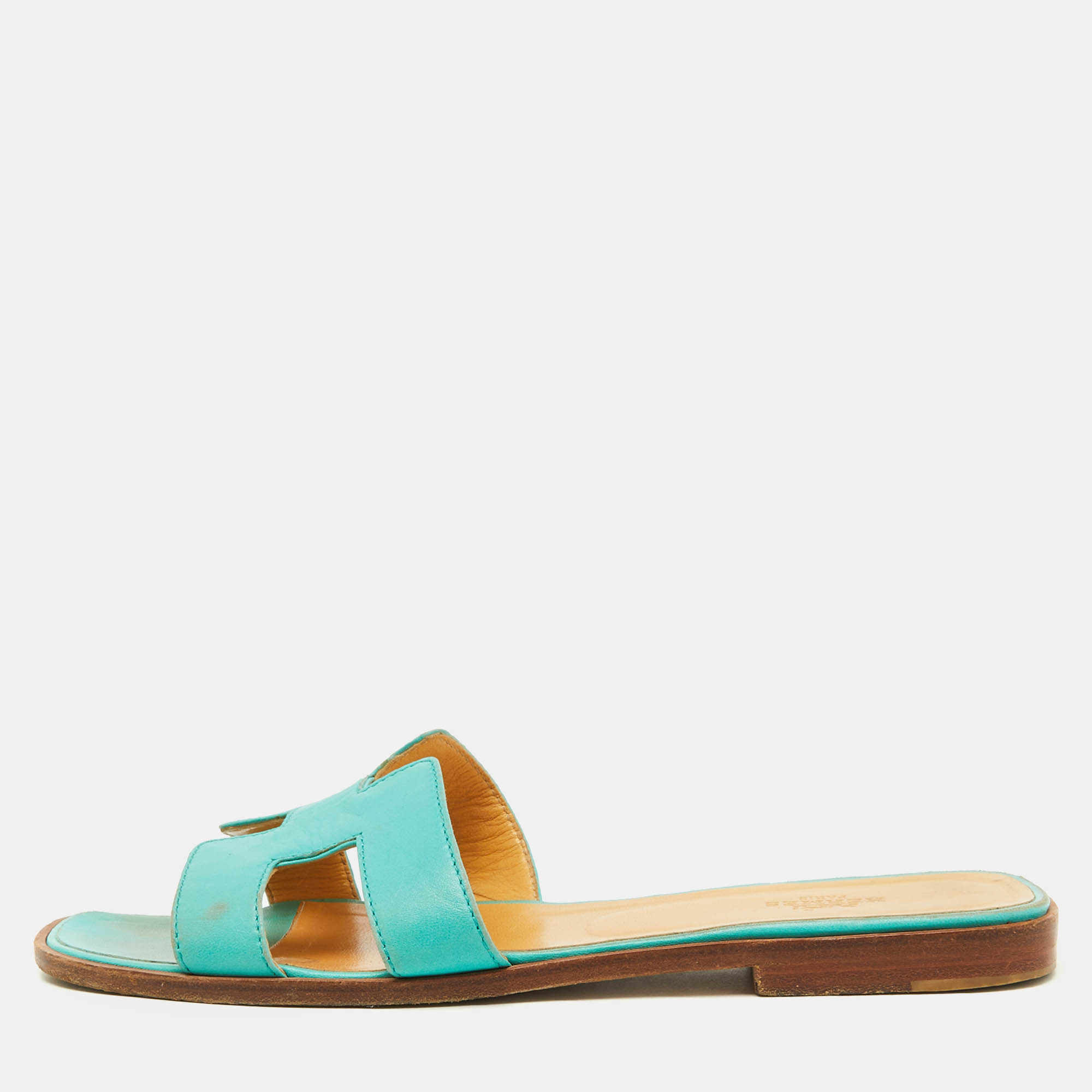 Hermes Turquoise Blue Leather Oran Flat Slide Sandals Size 40
