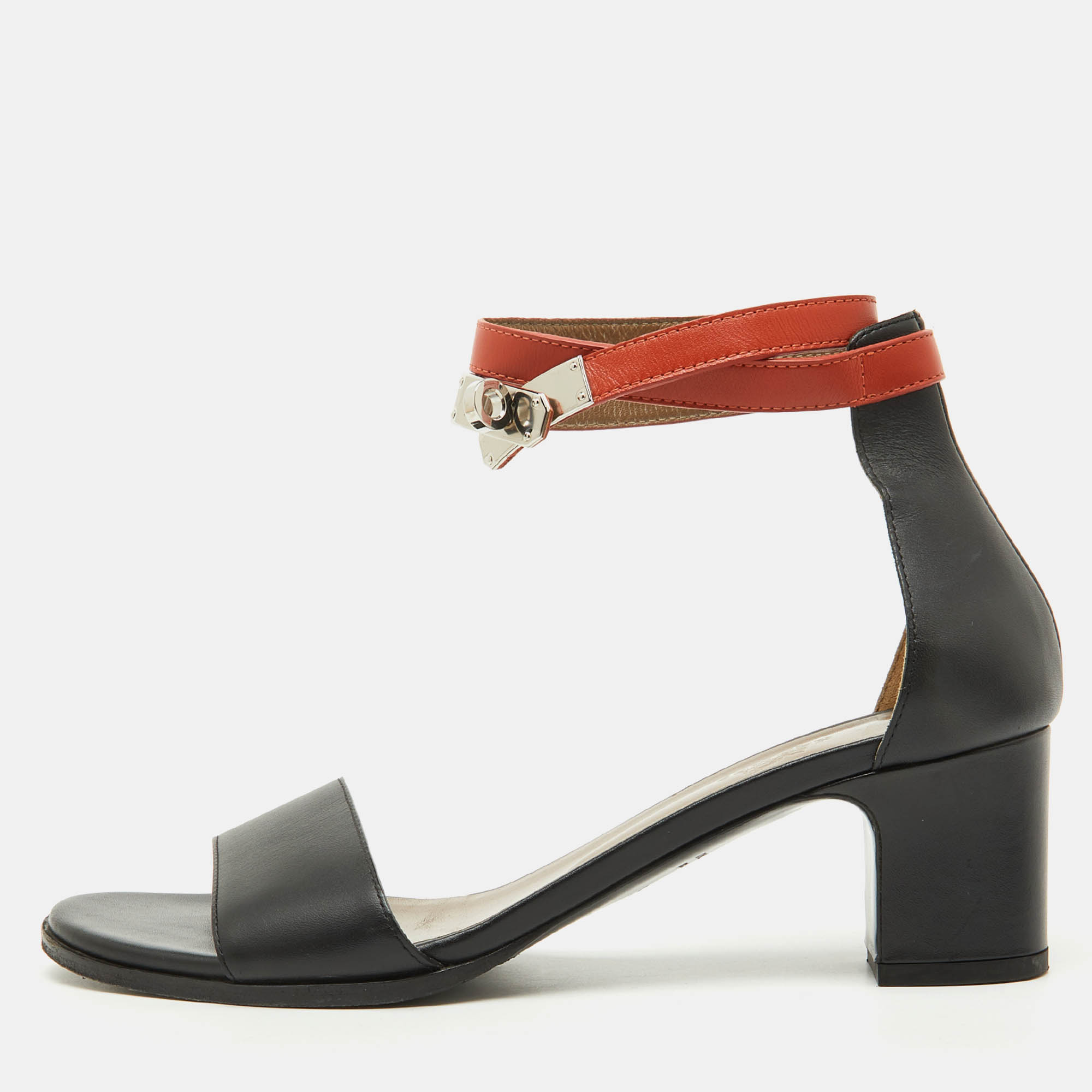 Hermes Black/Orange Leather Ankle Strap Sandals Size 38.5