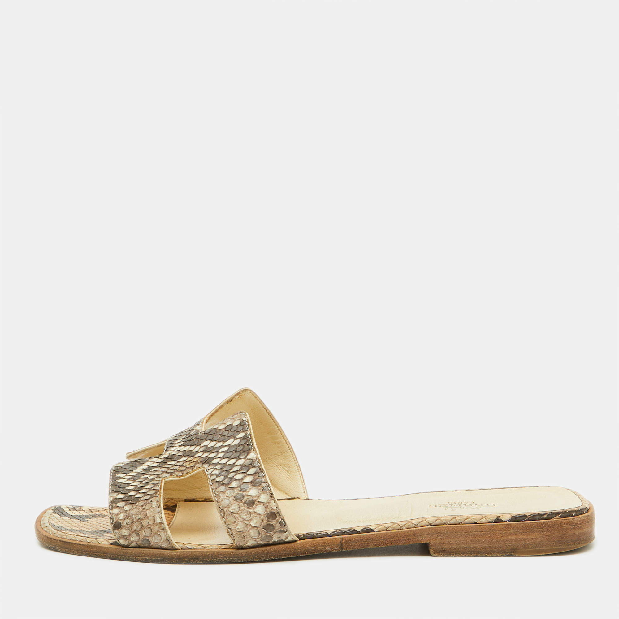 Hermes Beige/Brown Snakeskin Oran Flat Slide Sandals Size 38.5
