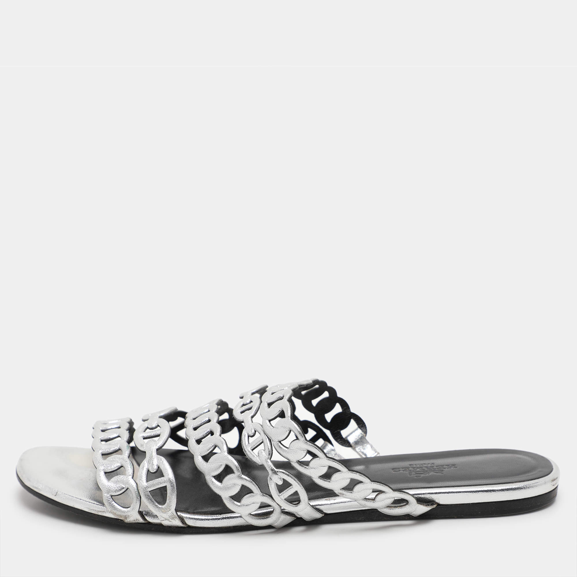 Hermes Silver Leather Chaine d'Ancre Flat Slides Size 37
