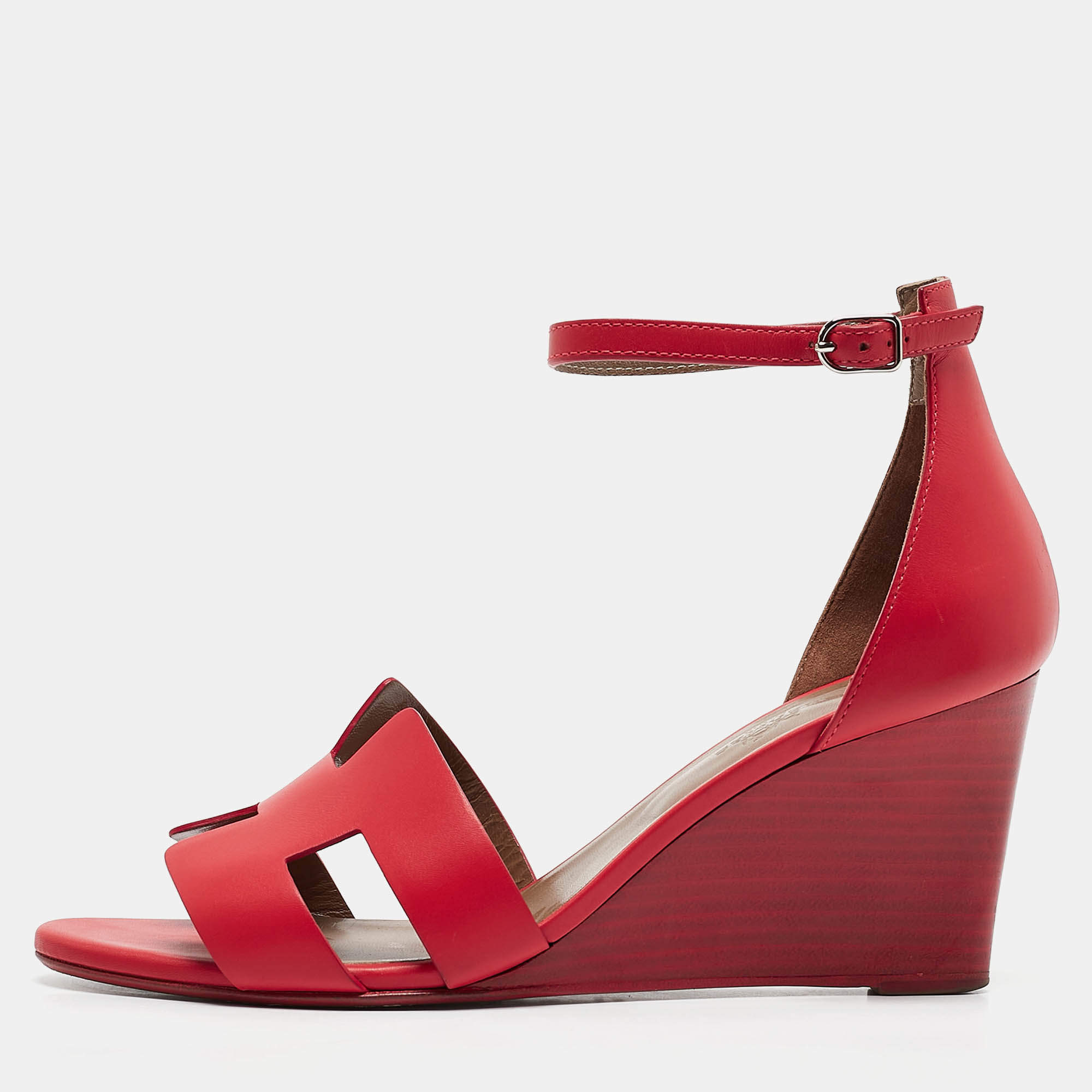 Pre Owned Hermes Orange Leather Legend Ankle Strap Wedge Sandals Size 40.5