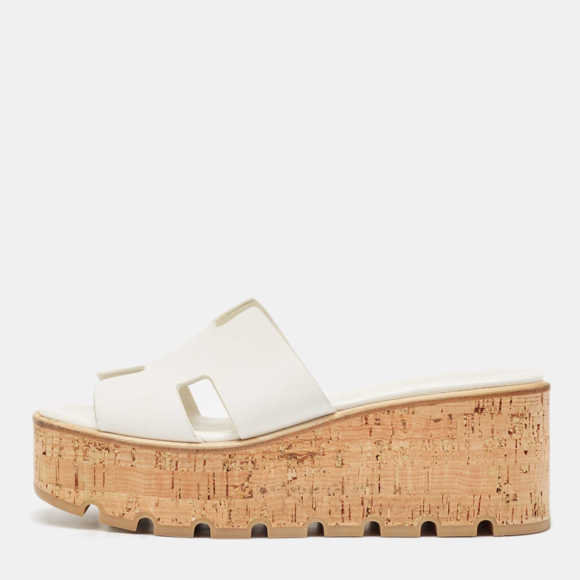 Hermes White Leather Eze Cork Platform Wedge Sandals Size 39
