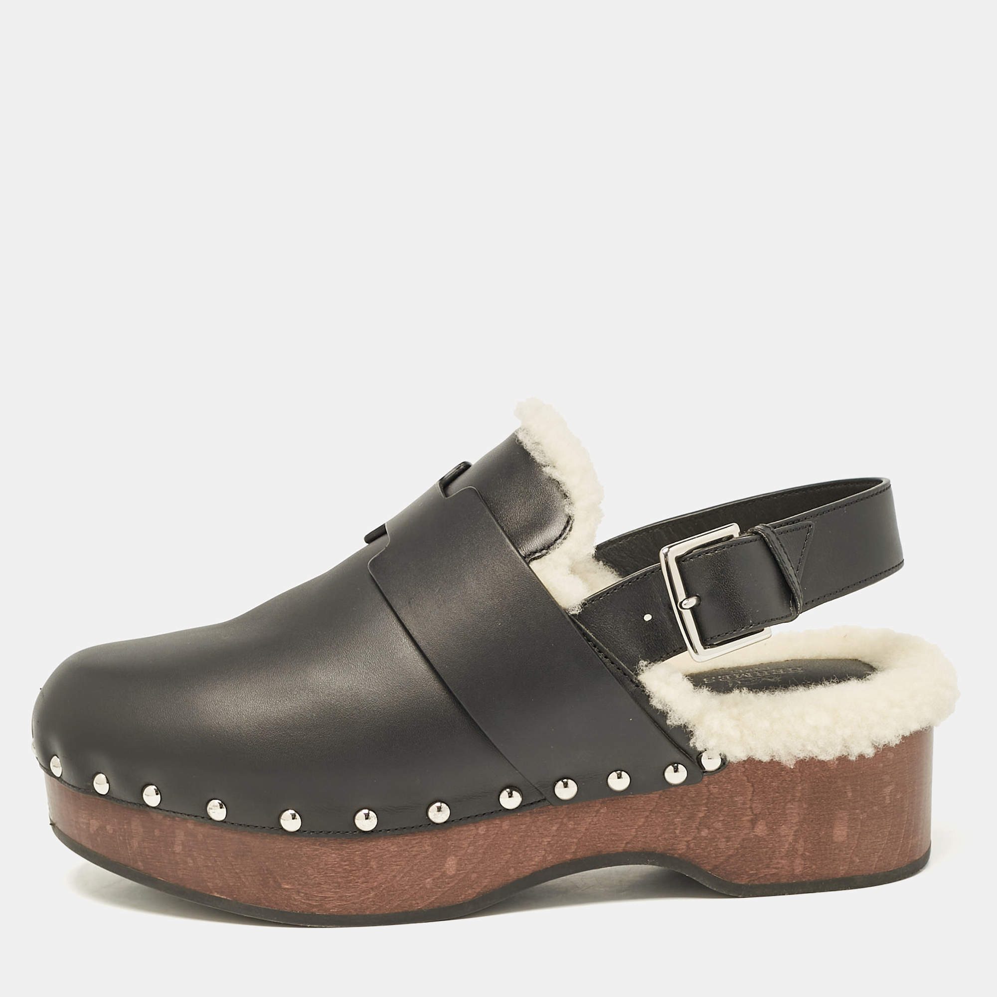 Hermes Black Leather and Shearling Carlotta Clogs Size 40