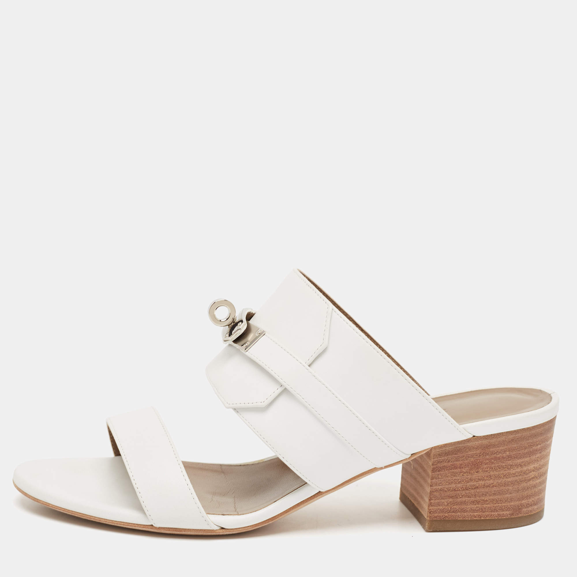Hermes White Leather Ovation Slide Sandals Size 37.5