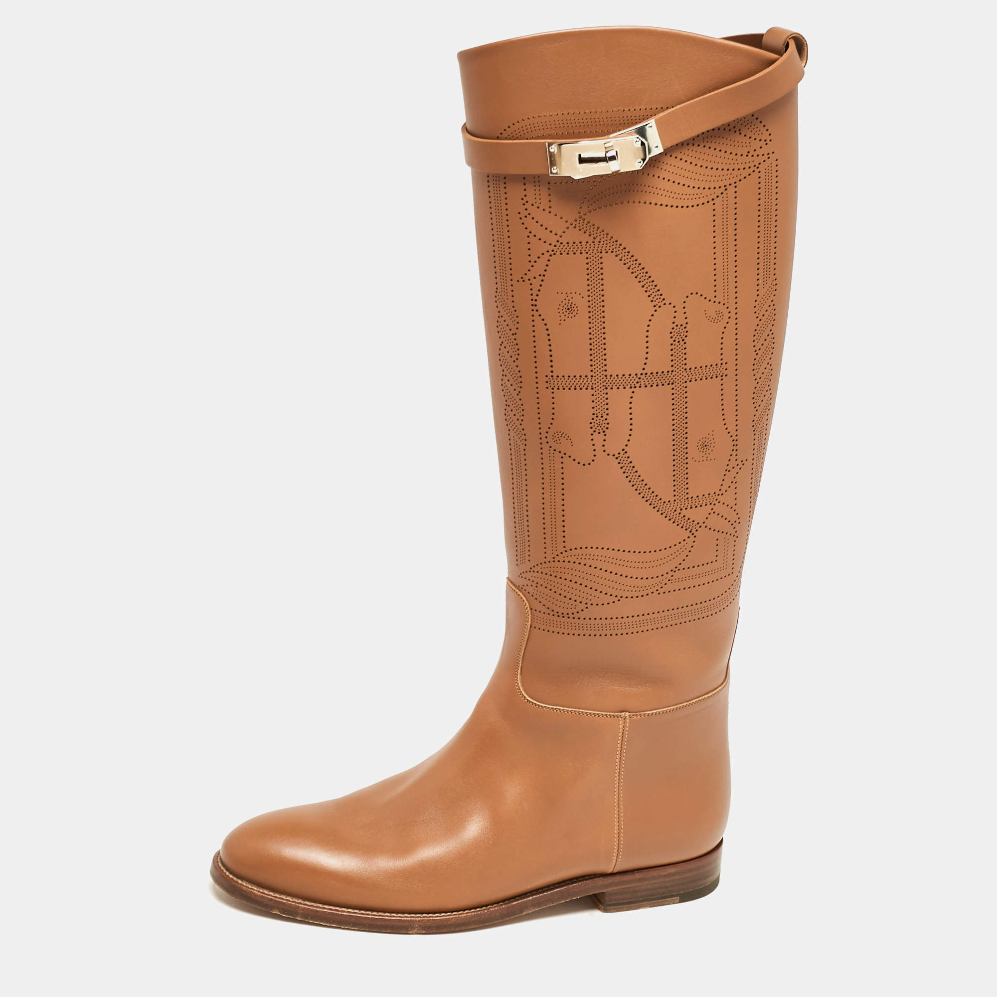 Hermes Brown Leather H Jumping Knee Length Boots Size 38