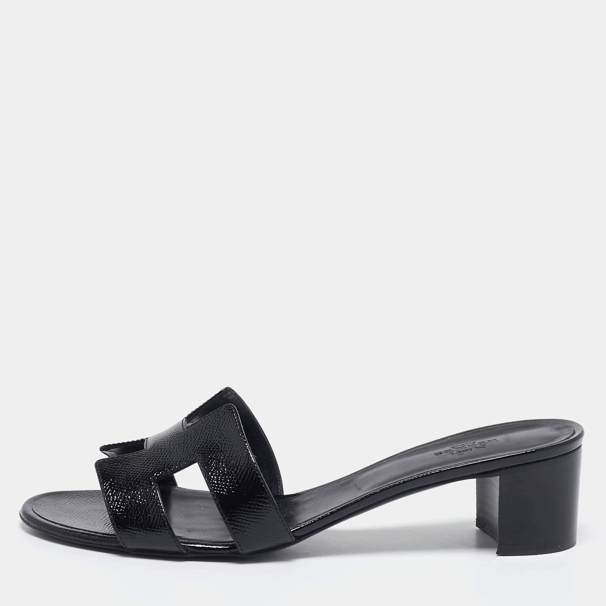 Pre Owned Hermes Black Patent Leather Oasis Slide Sandals Size 40.5
