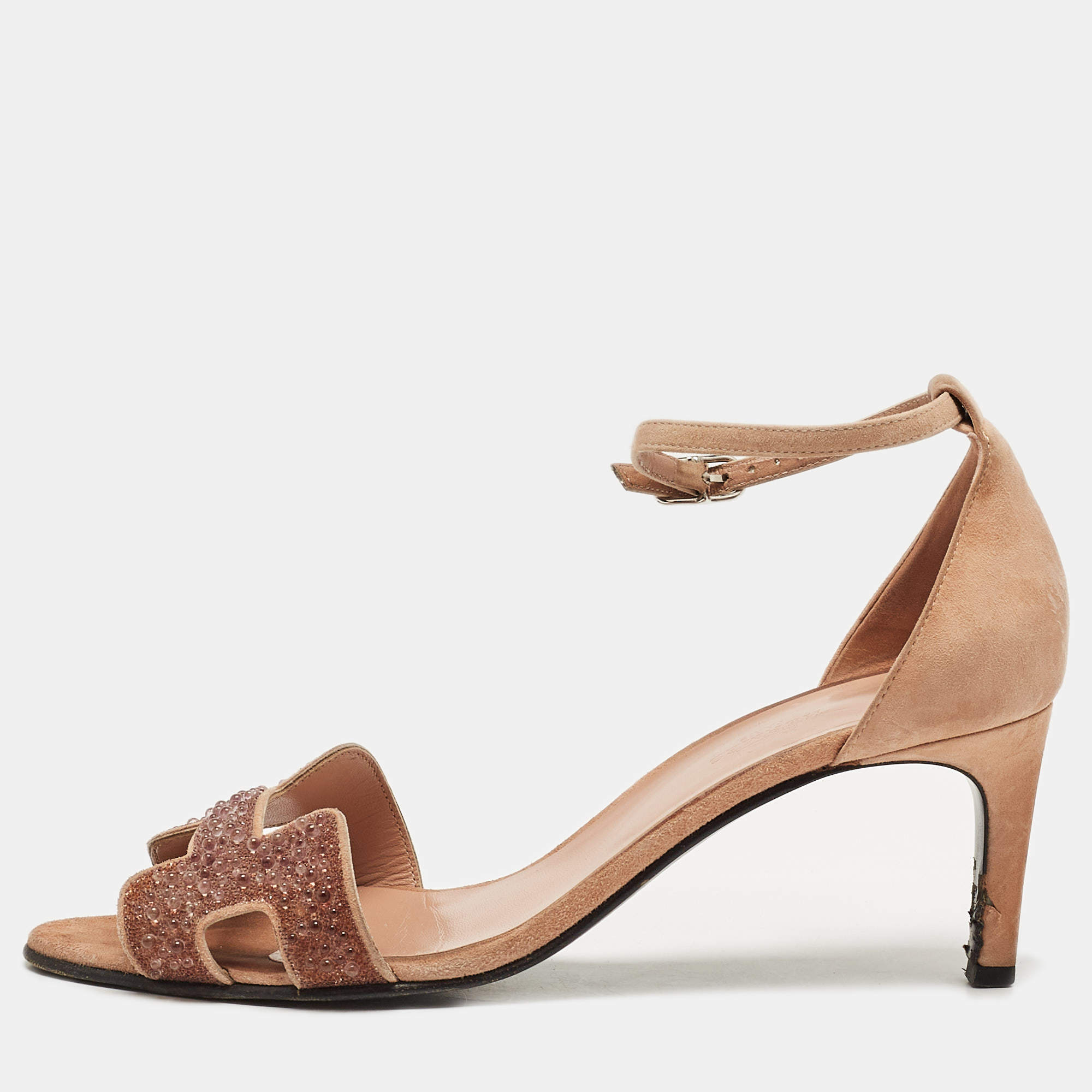 Hermes Beige Suede Embellished Premiere 70 Ankle Strap Sandals 40 