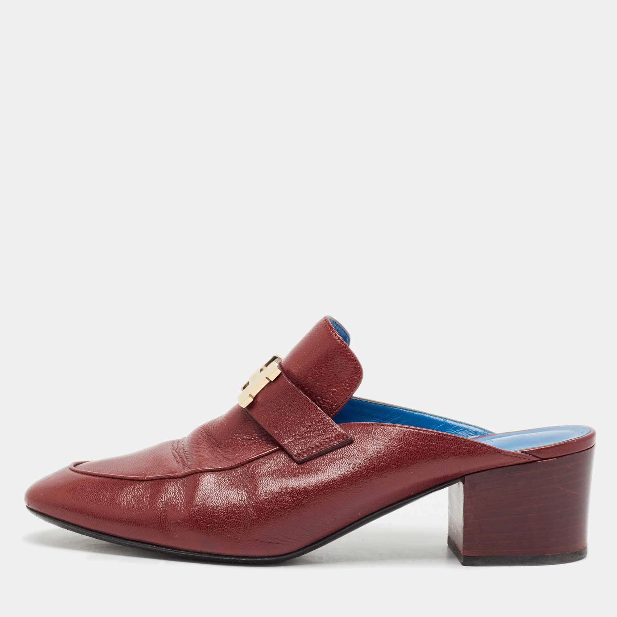 Pre Owned Hermes Burgundy Leather Paradis Block Heel Mule Sandals Size 39