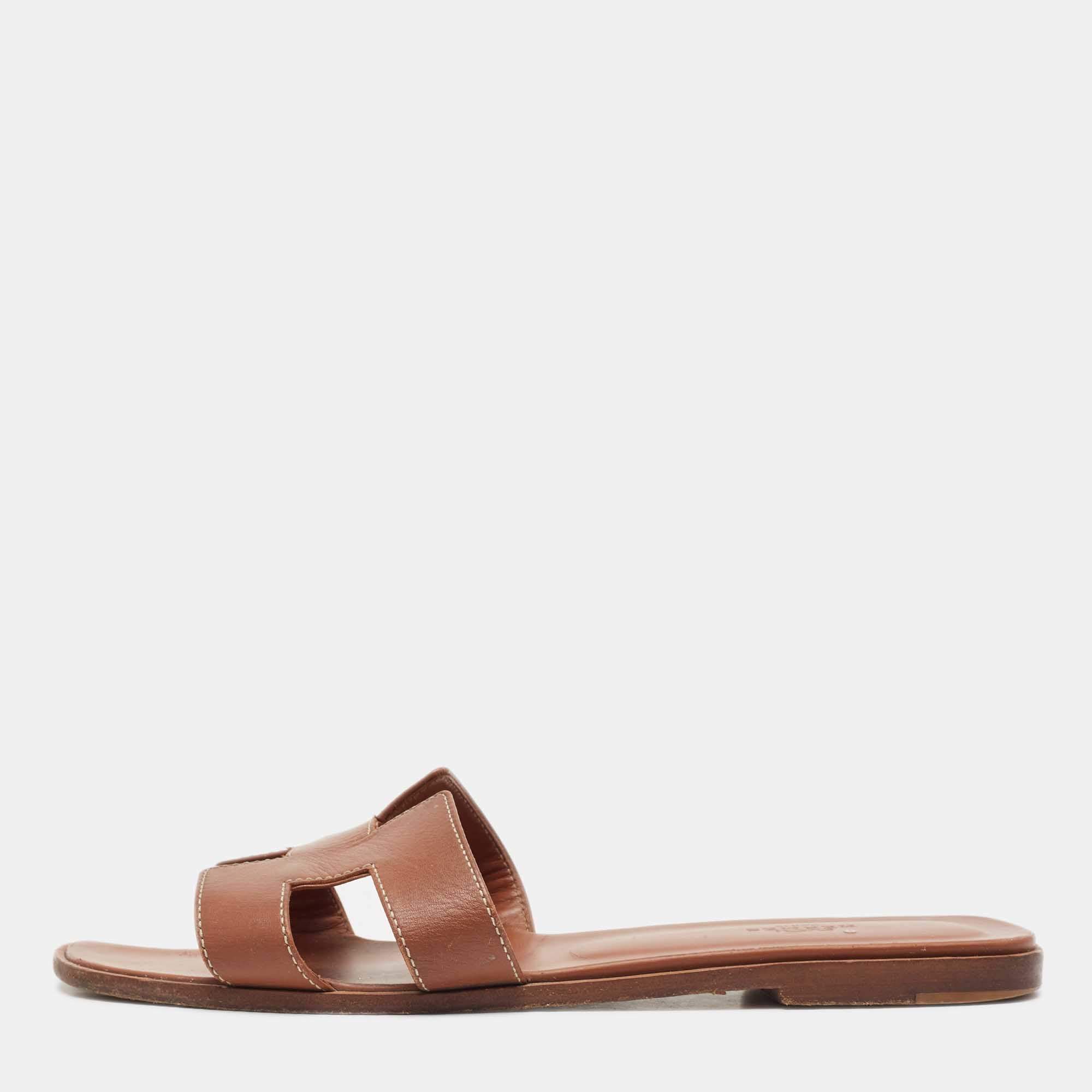 Hermes Brown Leather Oran Flat Slides Size 40 