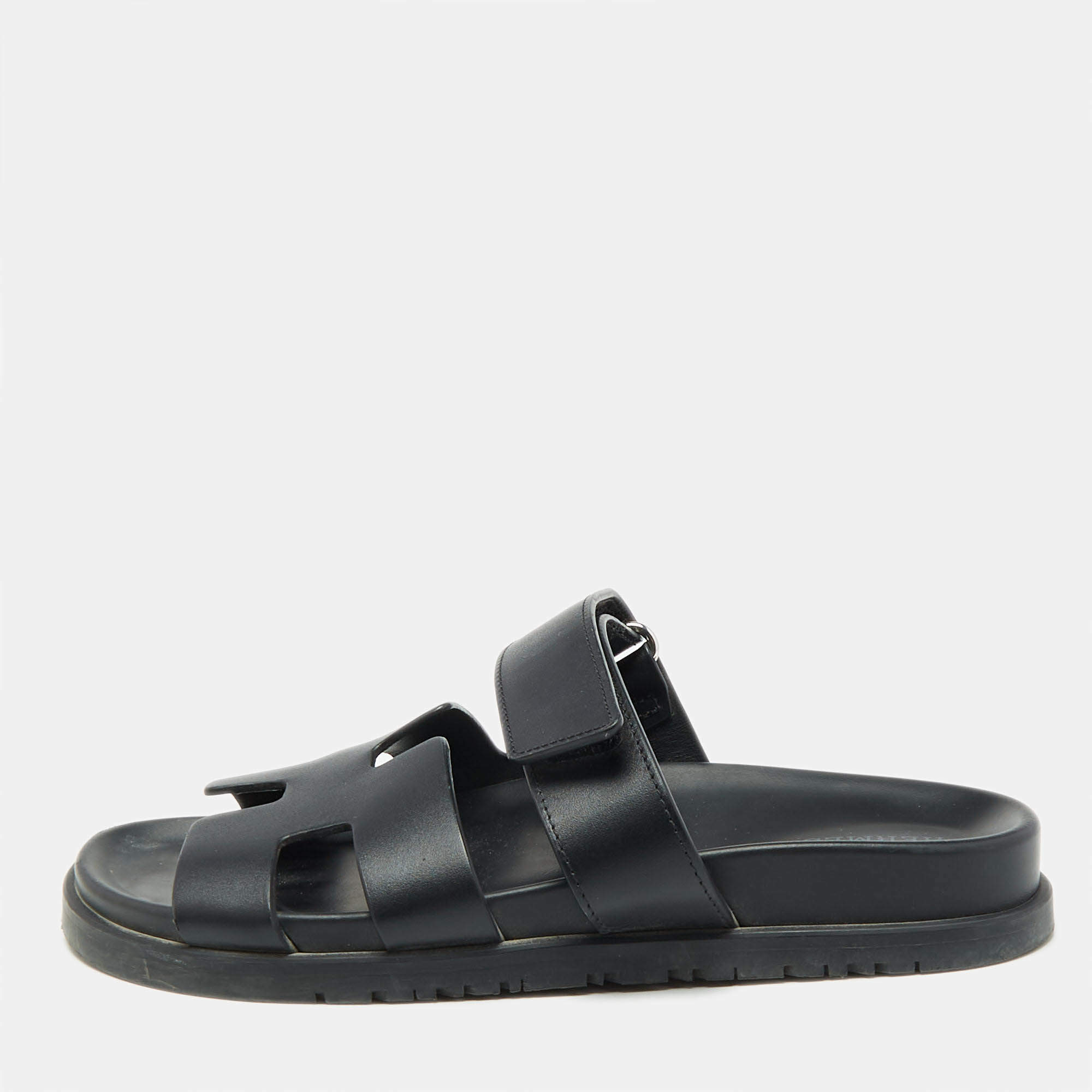 Hermes Black Leather Chypre Sandals Size 36.5