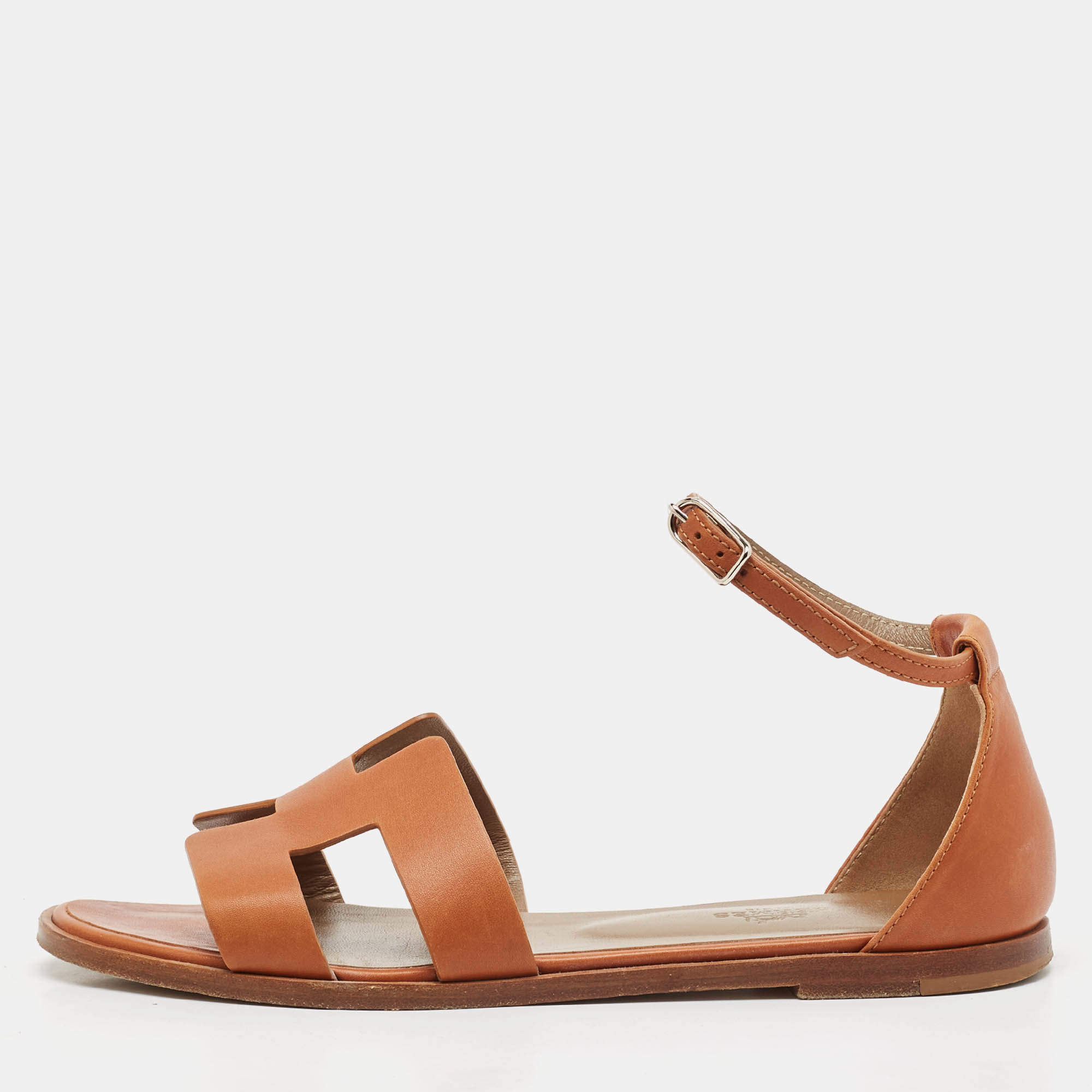 Hermes Brown Leather Santorini Ankle Strap Flat Sandals Size 37