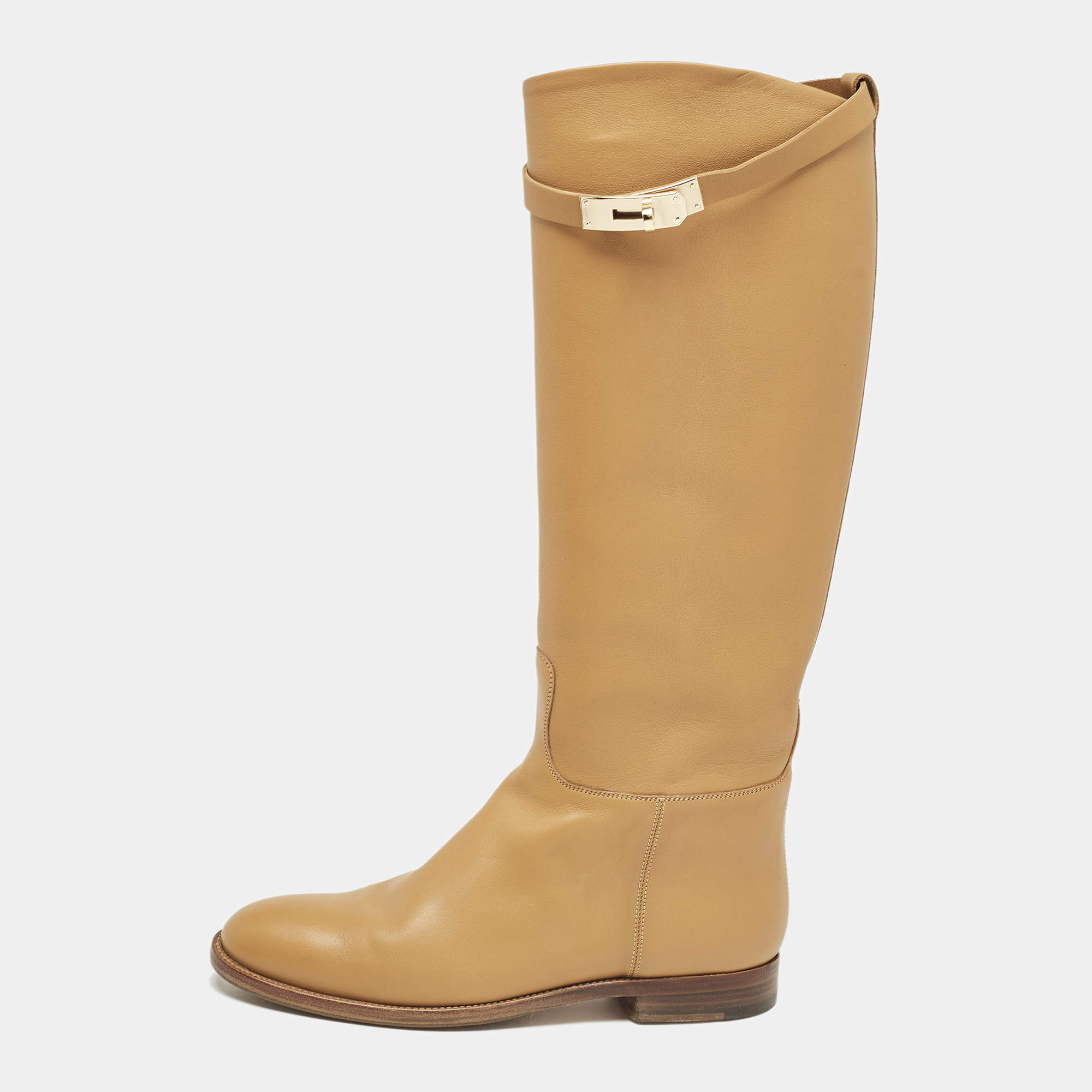 Pre Owned Hermes Tan Leather Kelly Jumping Knee Length Boots Size 38.5