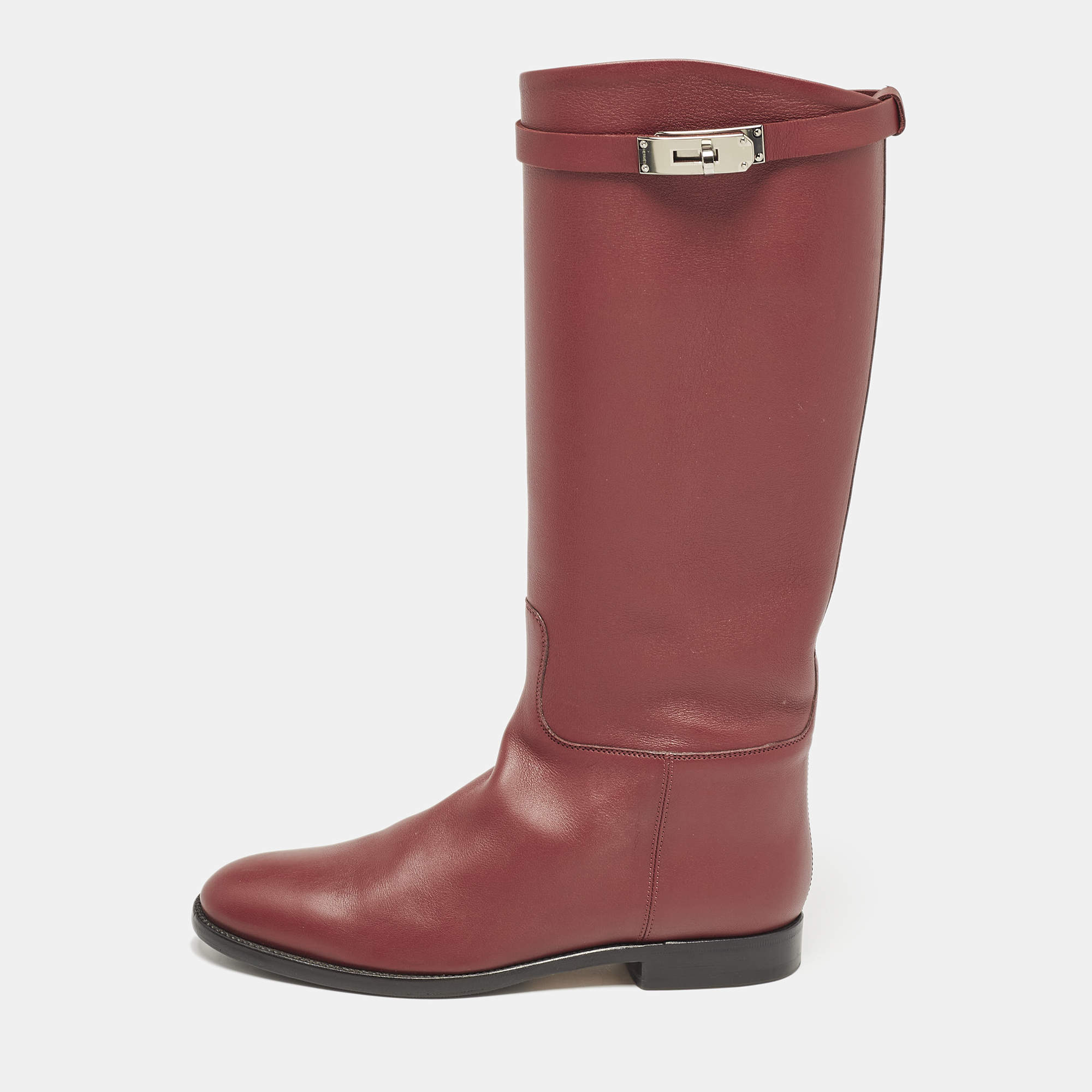 Pre Owned Hermes Burgundy Leather Kelly Jumping Knee Length Boots Size 38.5
