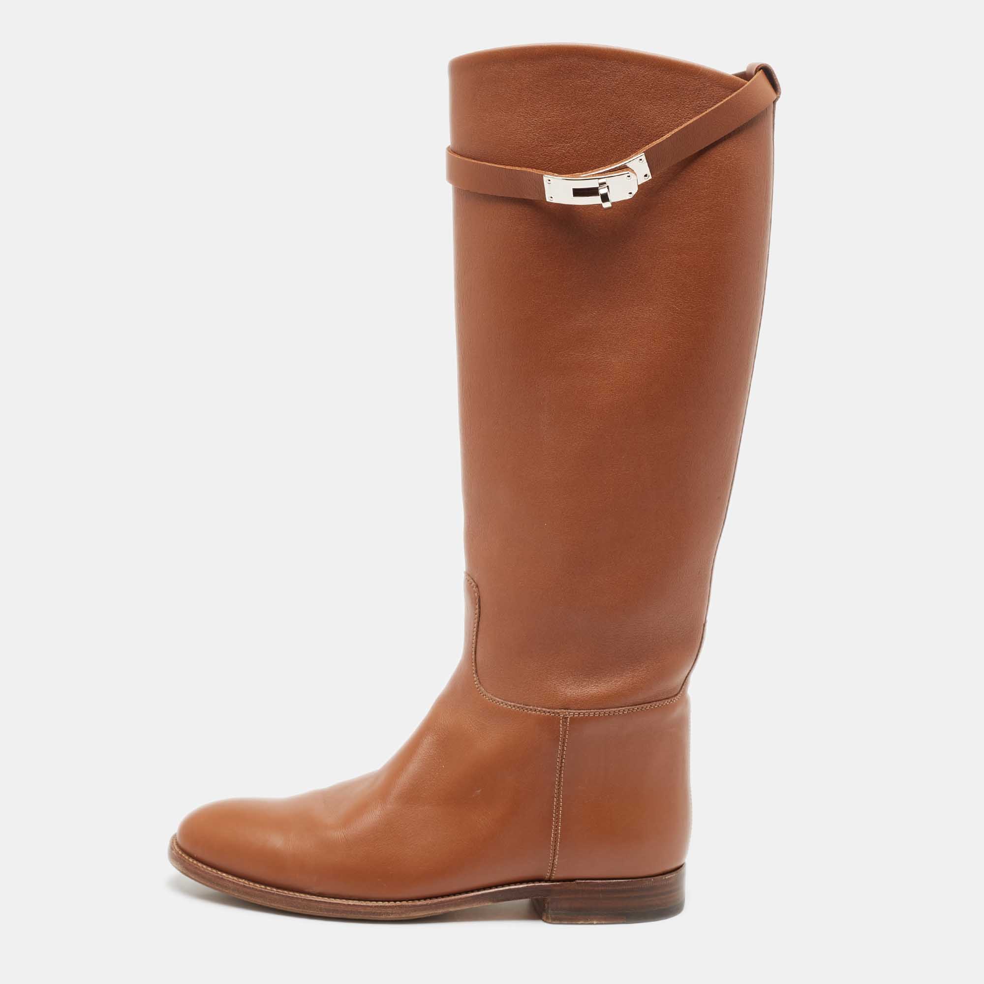 مملوكة مسبقًا Hermes Brown Leather Kelly Jumping Knee Length Boots Size 39
