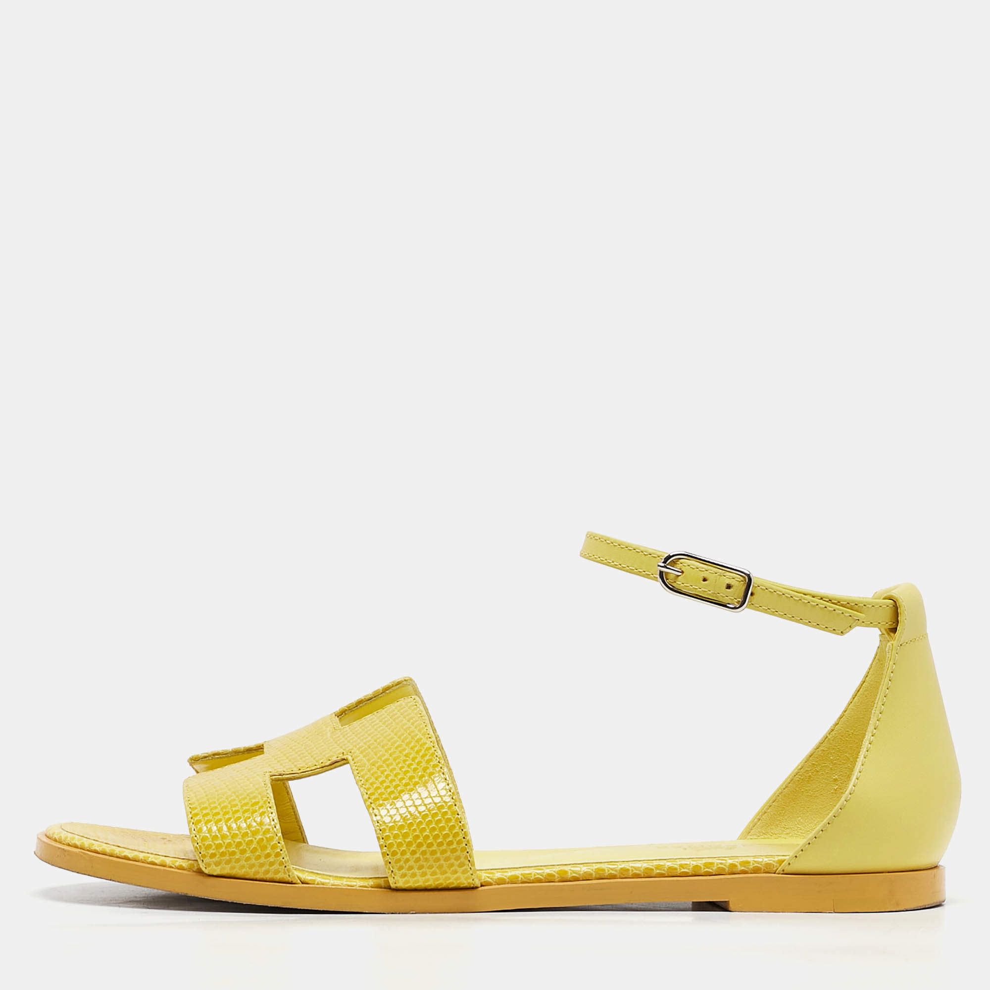 Hermes Yellow Lizard Santorini Ankle Strap Sandals Size 38.5