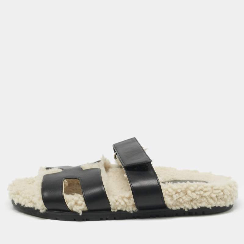 Hermes Black Shearling Fur and Suede Chypre Flat Sandals Size 40