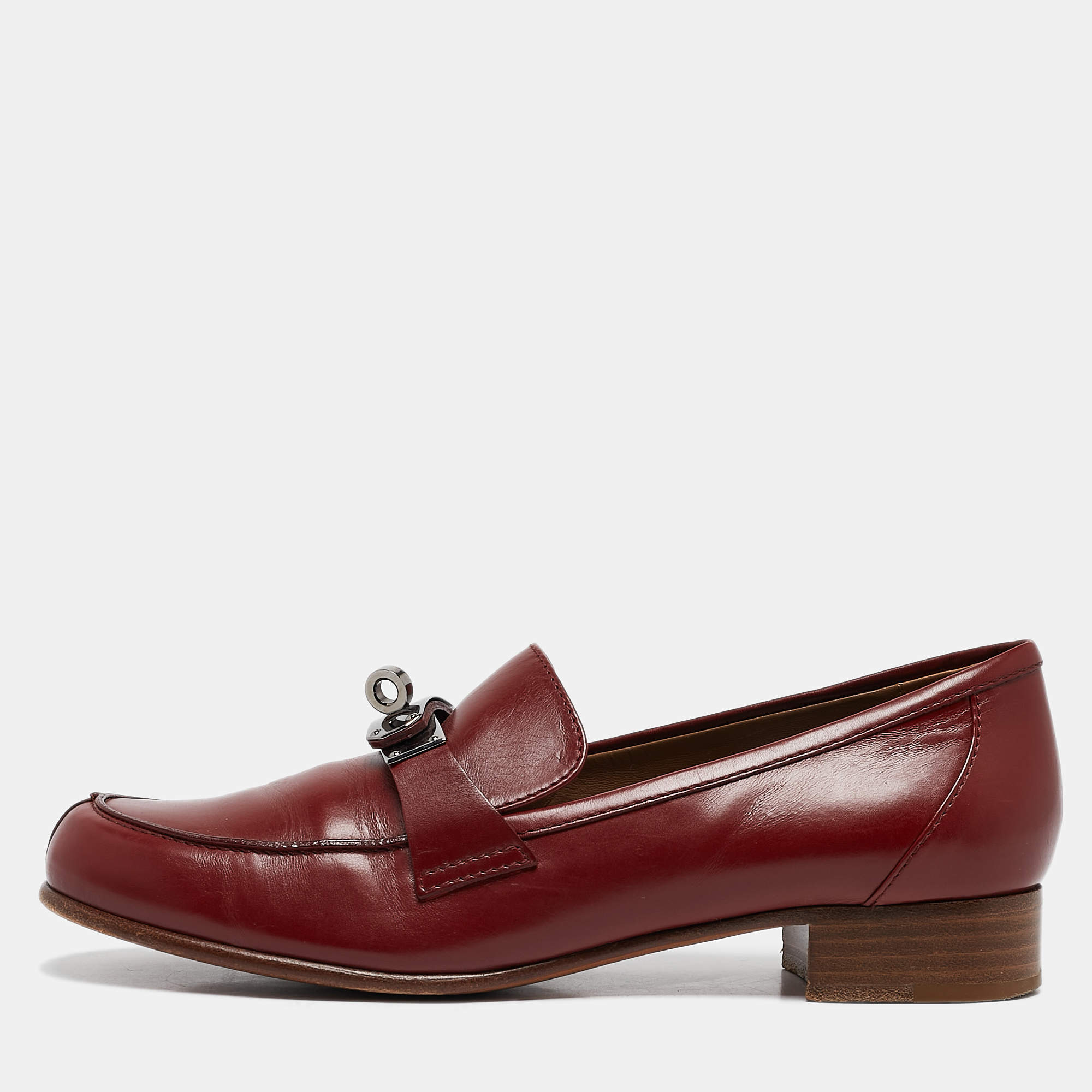 Pre Owned Hermes Burgundy Leather Kelly Loafers Size 37