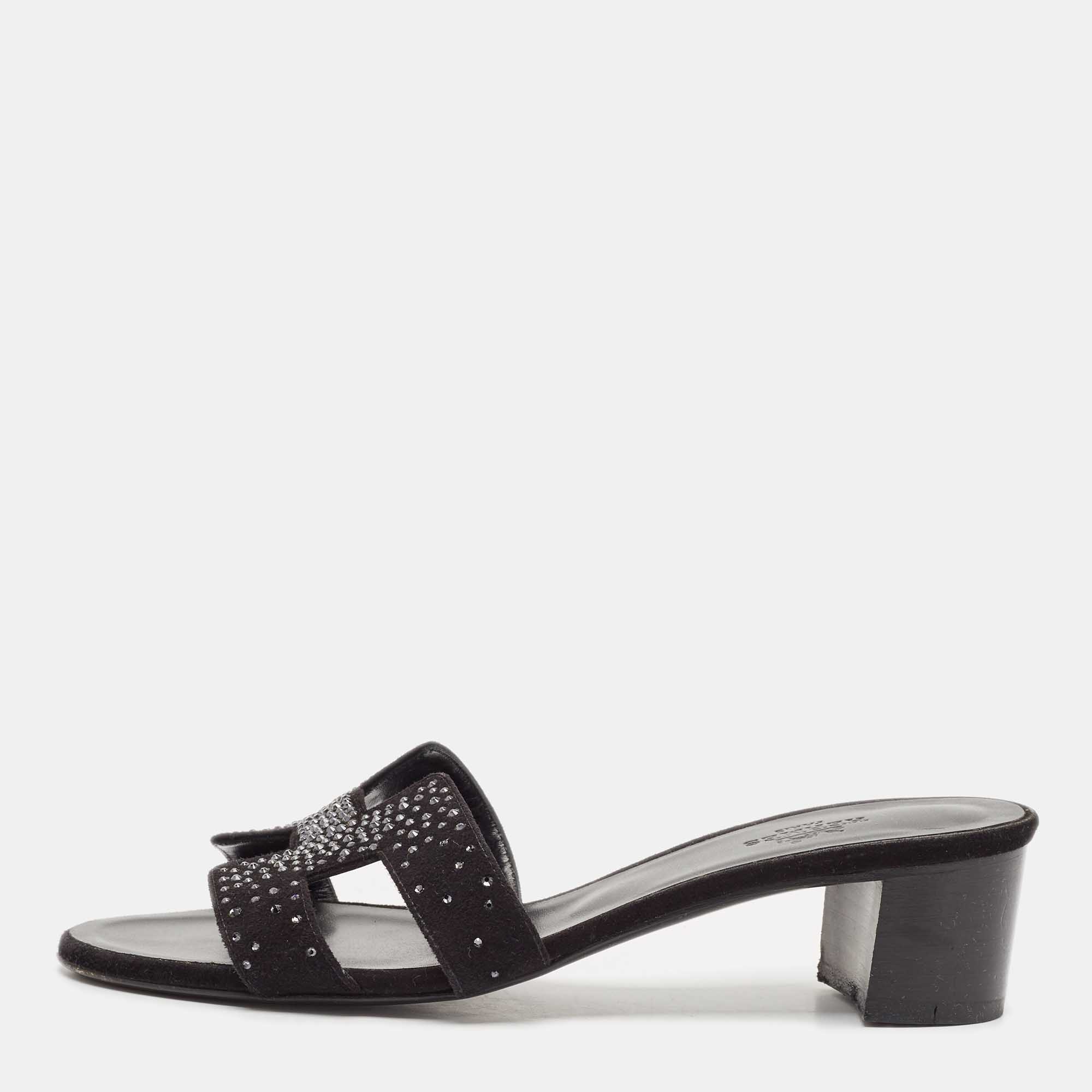 مملوكة مسبقًا Hermes Black Suede Crystal Oasis Slide Sandals Size 36