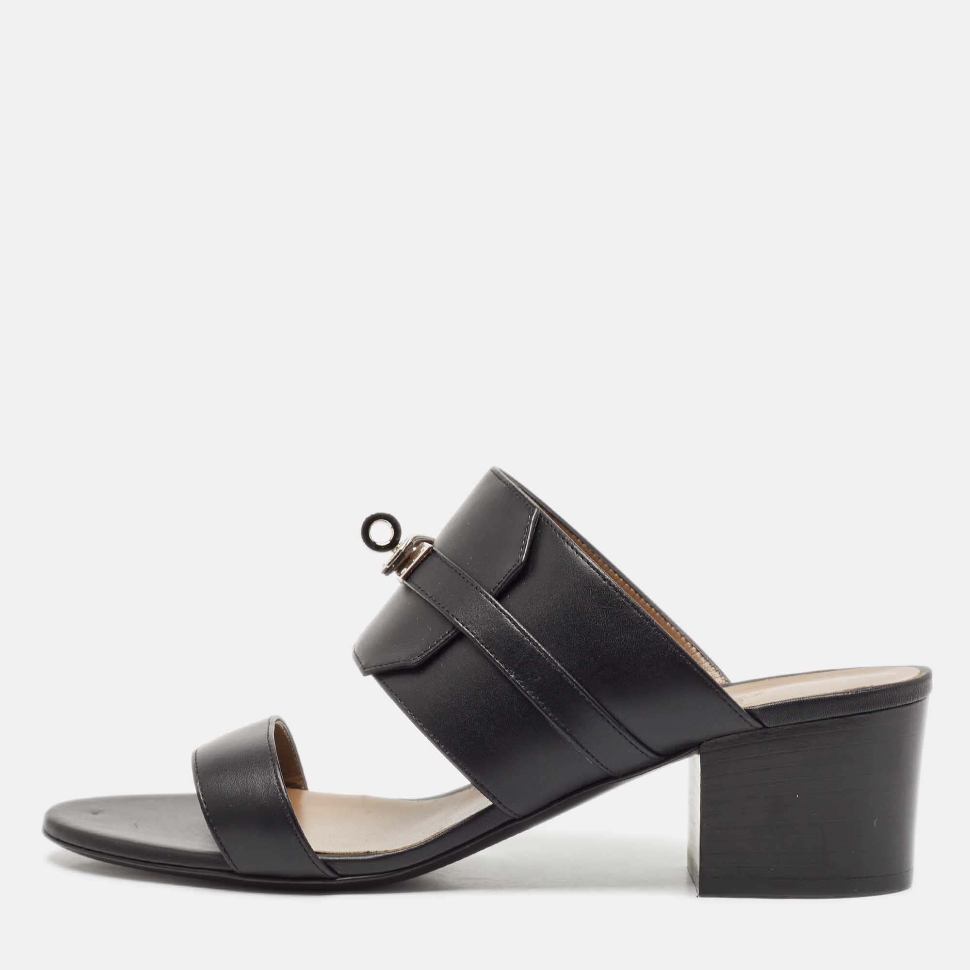 Hermes Black Leather Ovation Slide Sandals Size 39