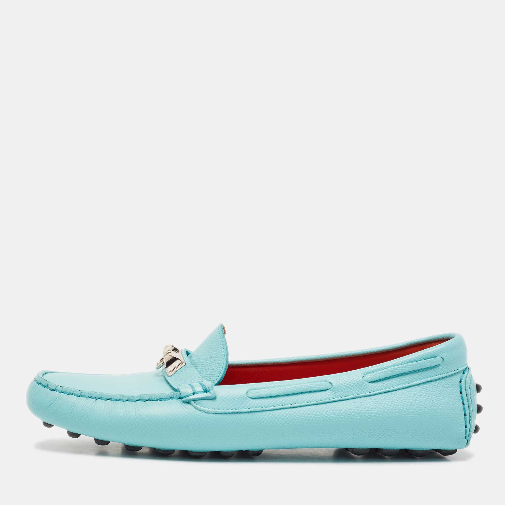 Hermes Light Blue Leather Irving Slip On Loafers Size 37.5
