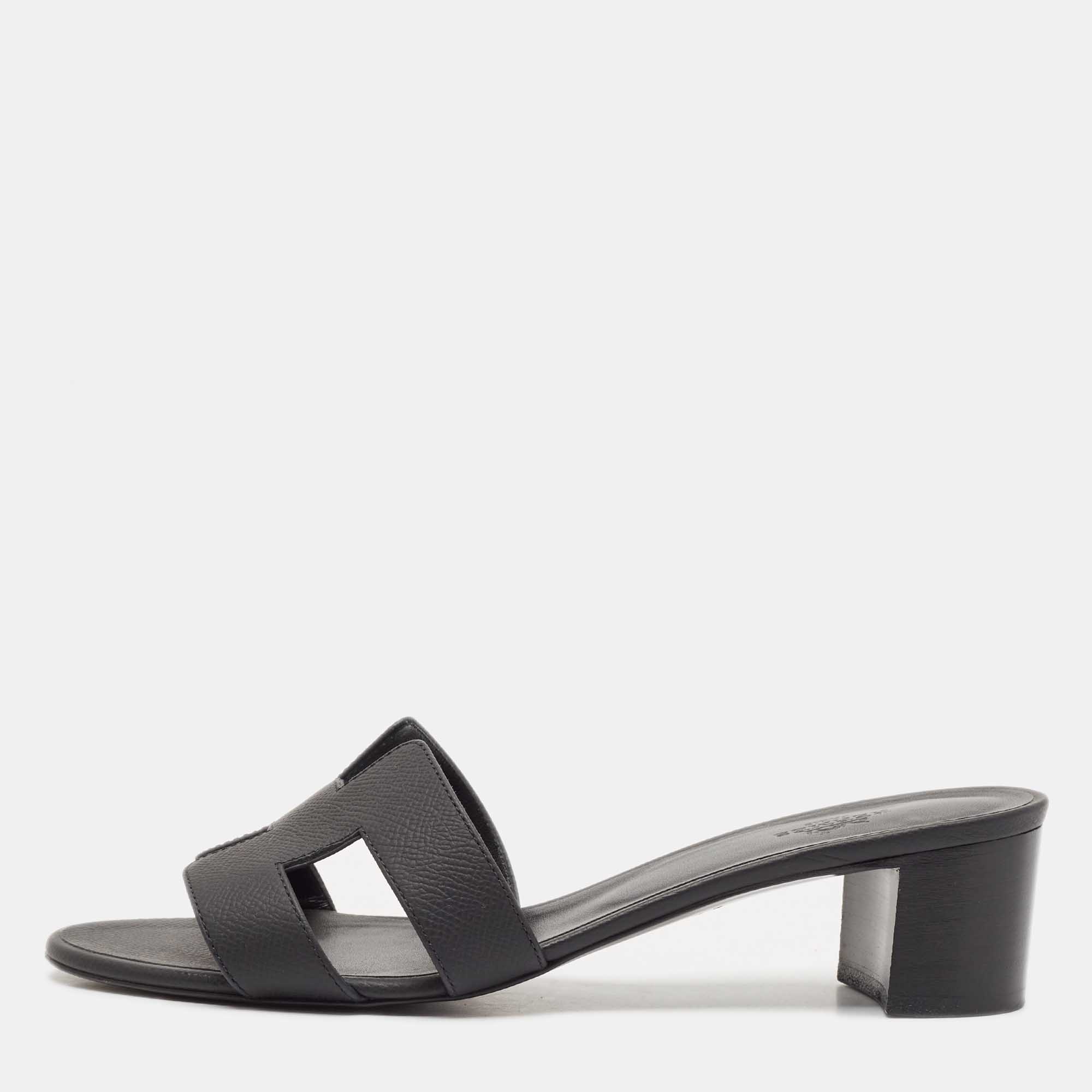 Hermes Black Leather Oasis Block Heel Slide Sandals Size 39