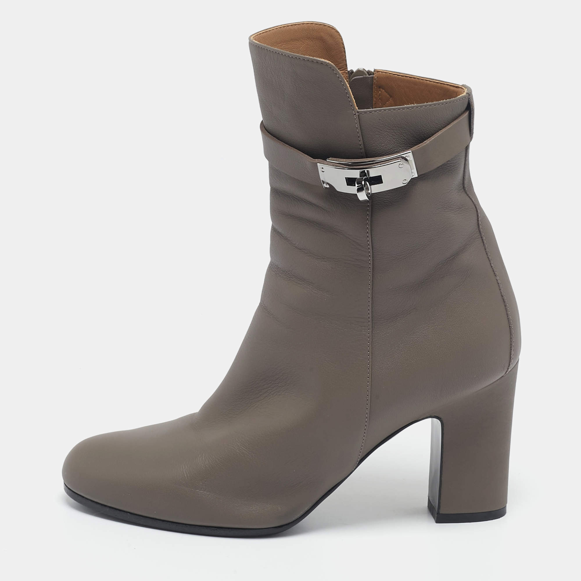 Hermès Grey Leather Joueuse Ankle Length Boots Size 38