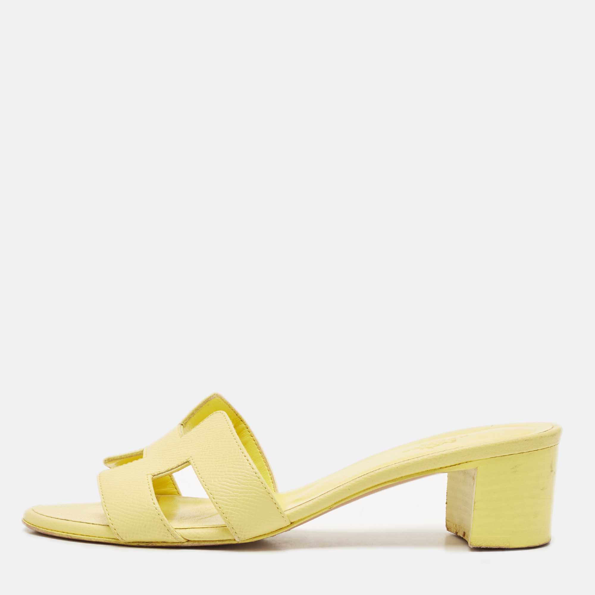 Pre Owned Hermes Yellow Leather Oasis Slide Sandals Size 36