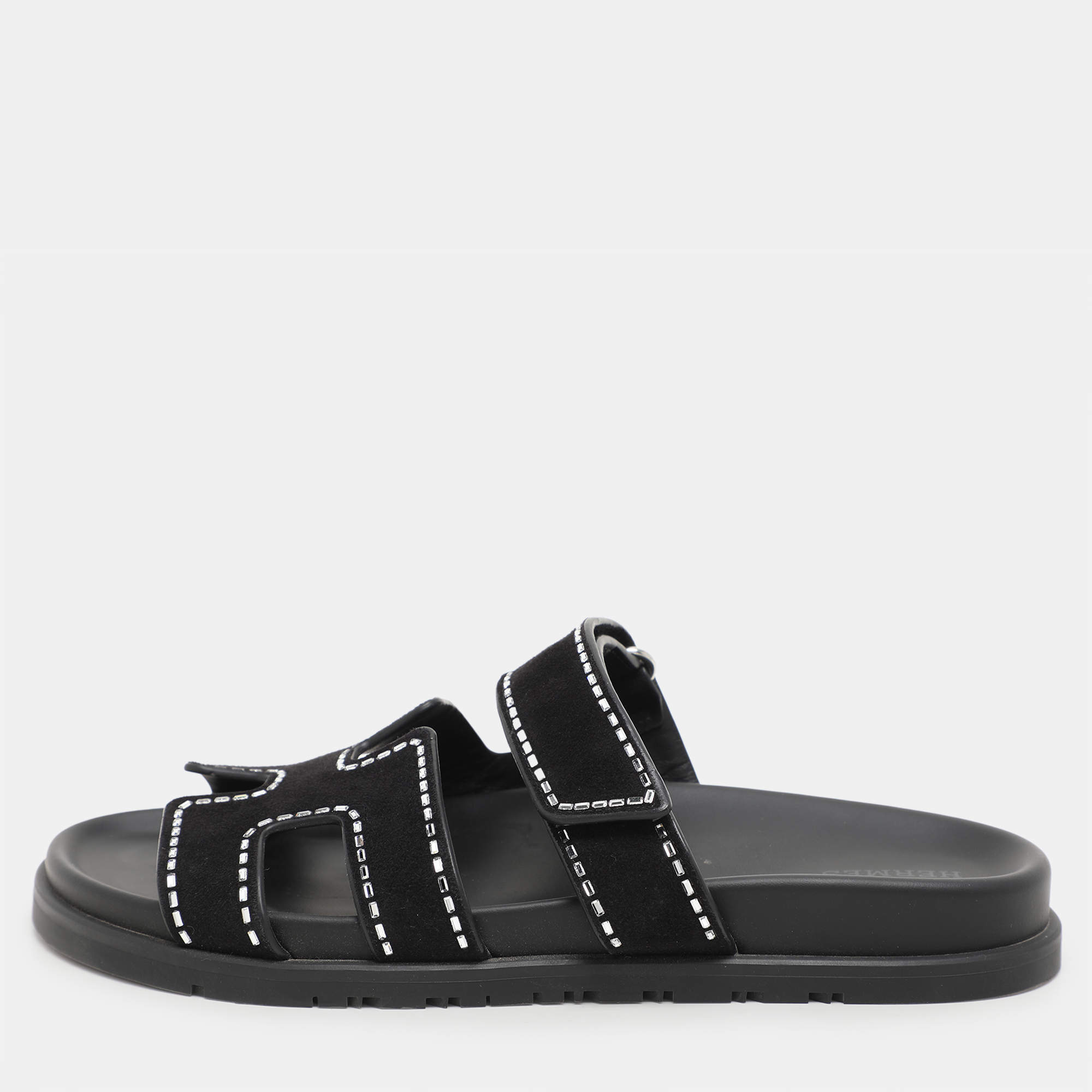 Hermes Black Shearling Chypre Sandals Size 39
