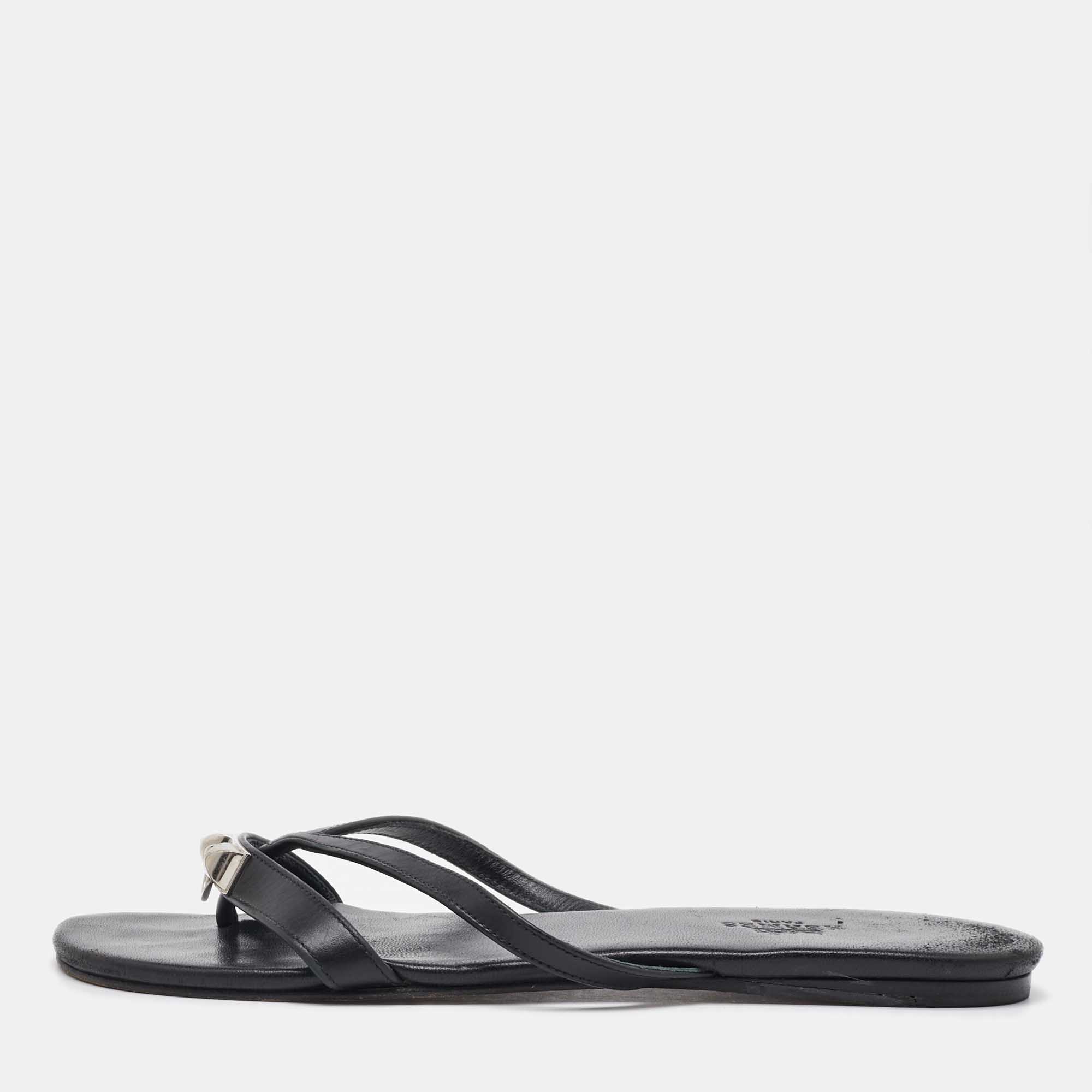 Pre Owned Hermes Black Leather Strappy Flat Slide Sandals Size 37