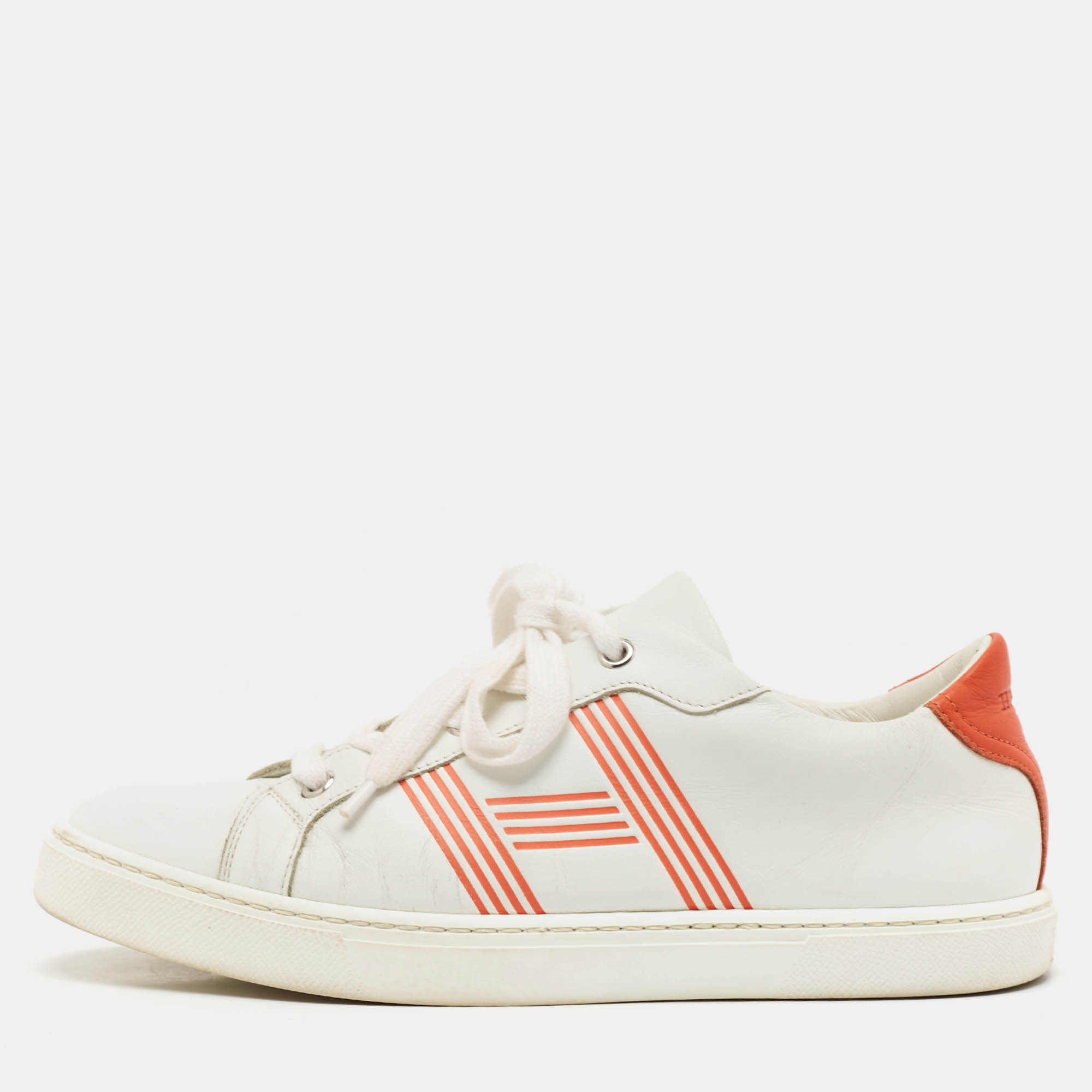 Hermes White/Orange Leather Avantage Sneakers Size 38