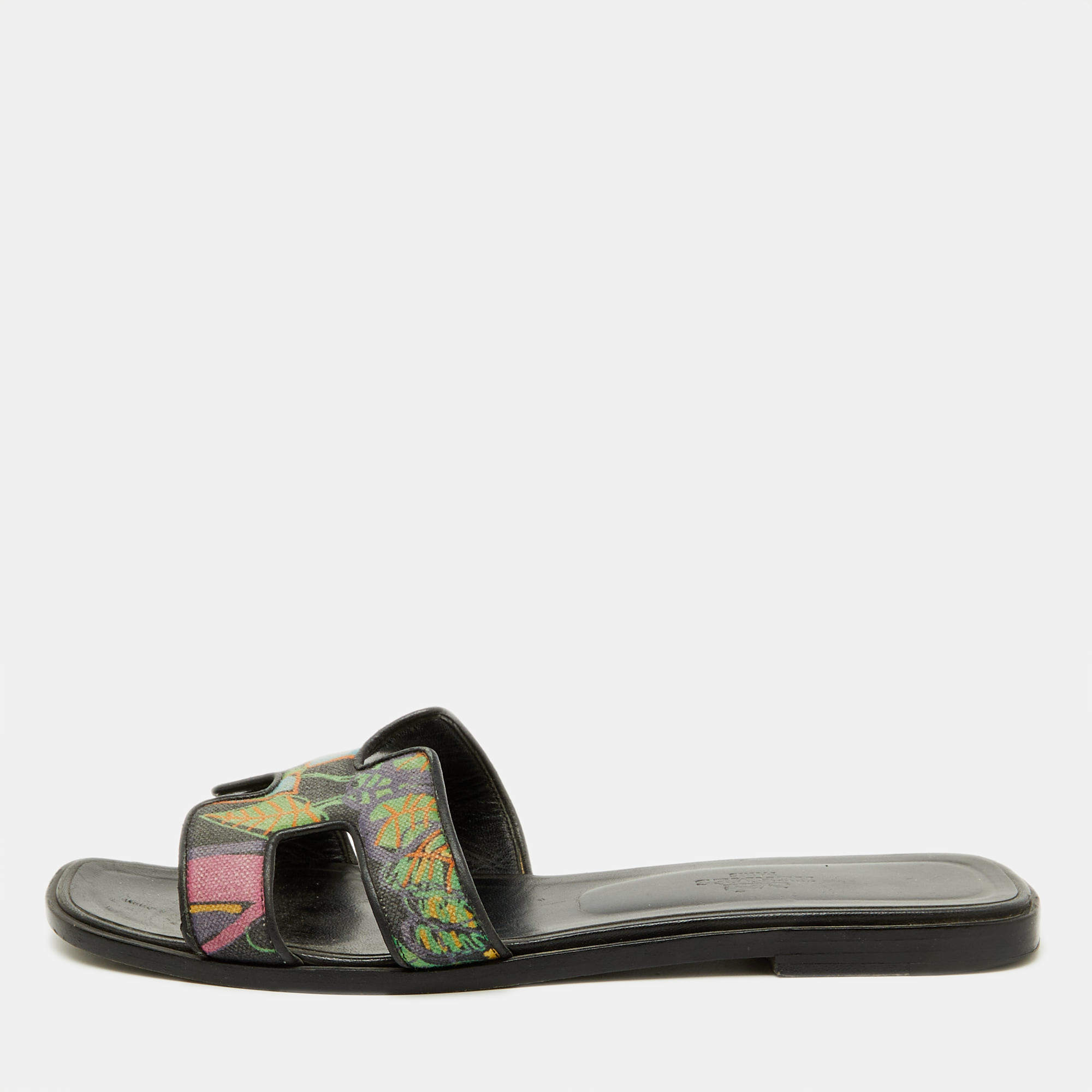 Hermes Multicolor Modernisme Tropical Print Canvas Oran Flat Slide Sandals Size 38.5