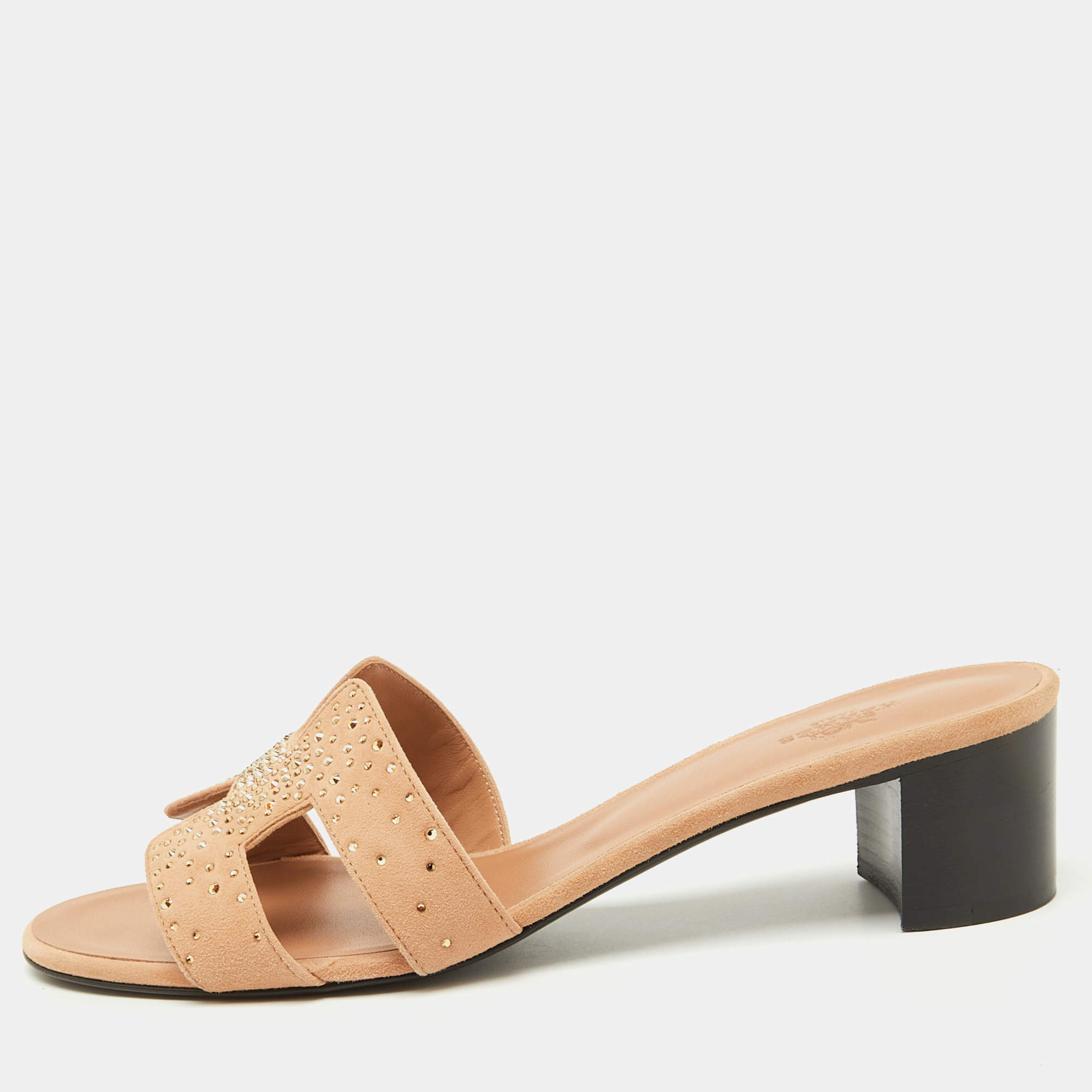 Hermes Beige Suede Crystal Embellished Oasis Slide Sandals Size 39.5