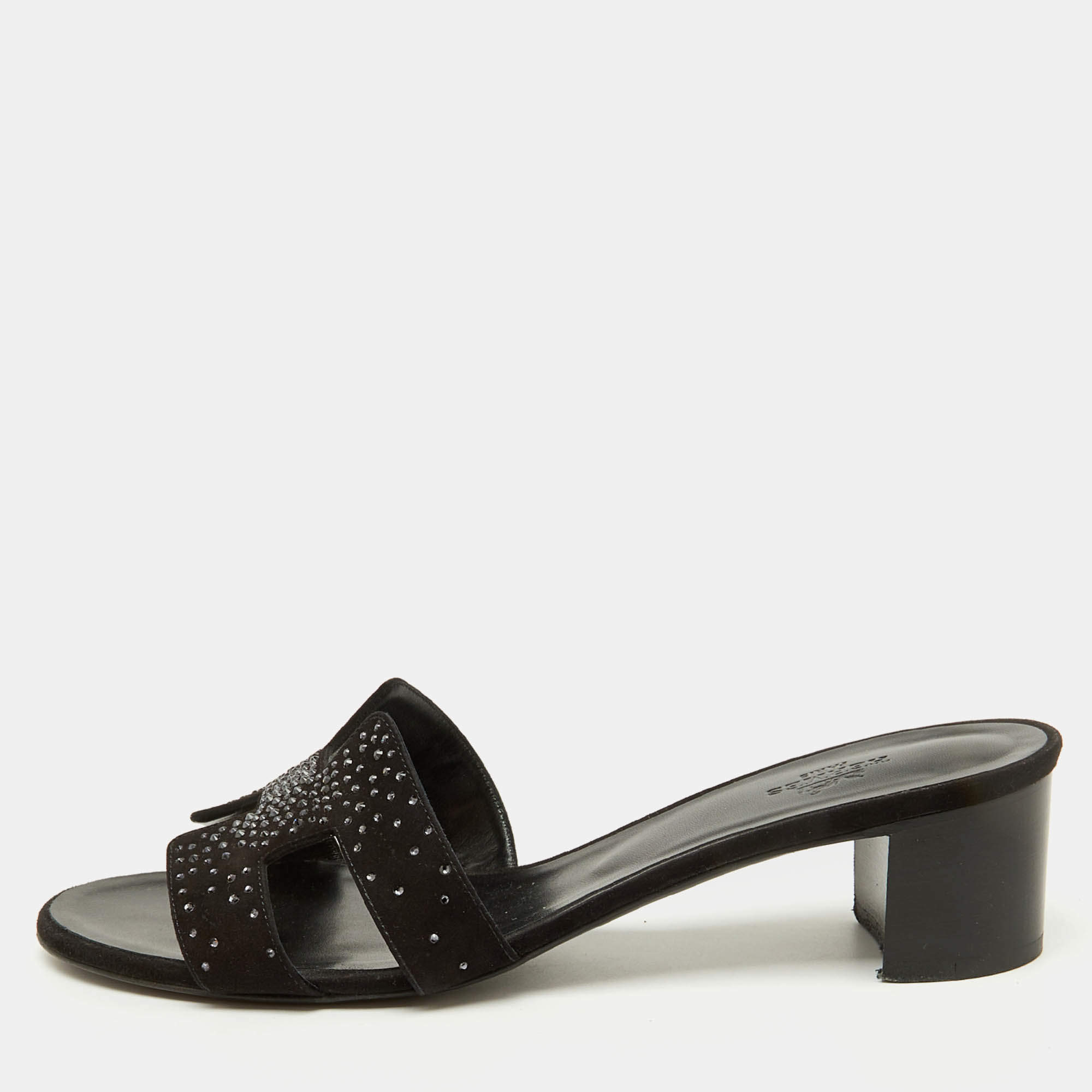 Pre Owned Hermes Black Suede Crystal Embellished Oasis Slide Sandals Size 39.5