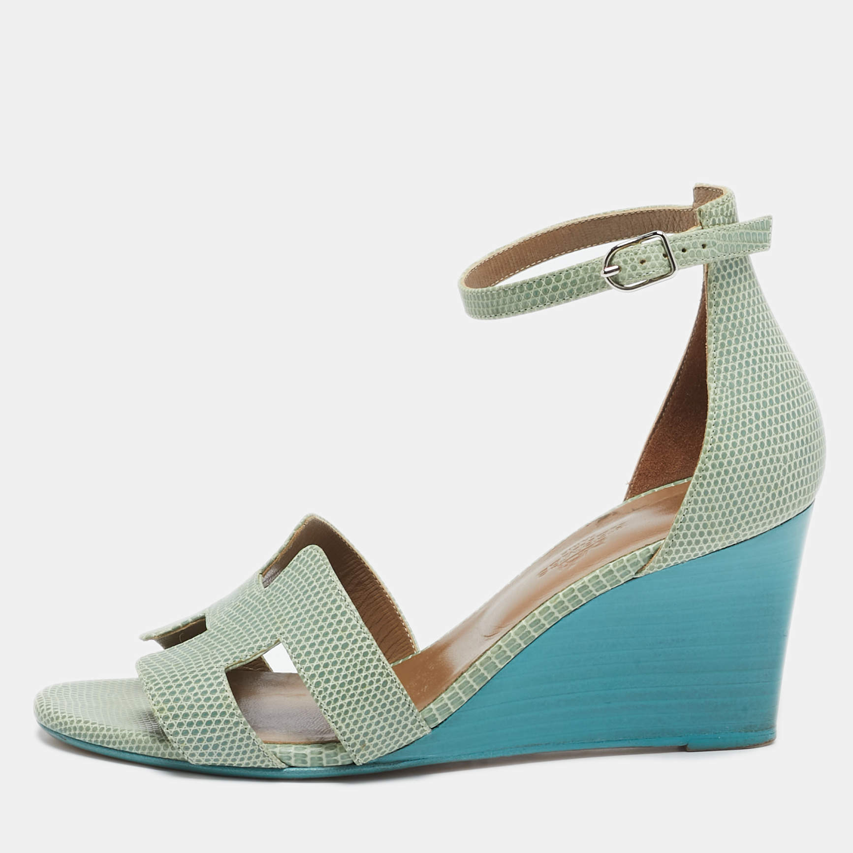Pre Owned Hermes Green Lizard Leather Legend Wedge Ankle Strap Sandals Size 37