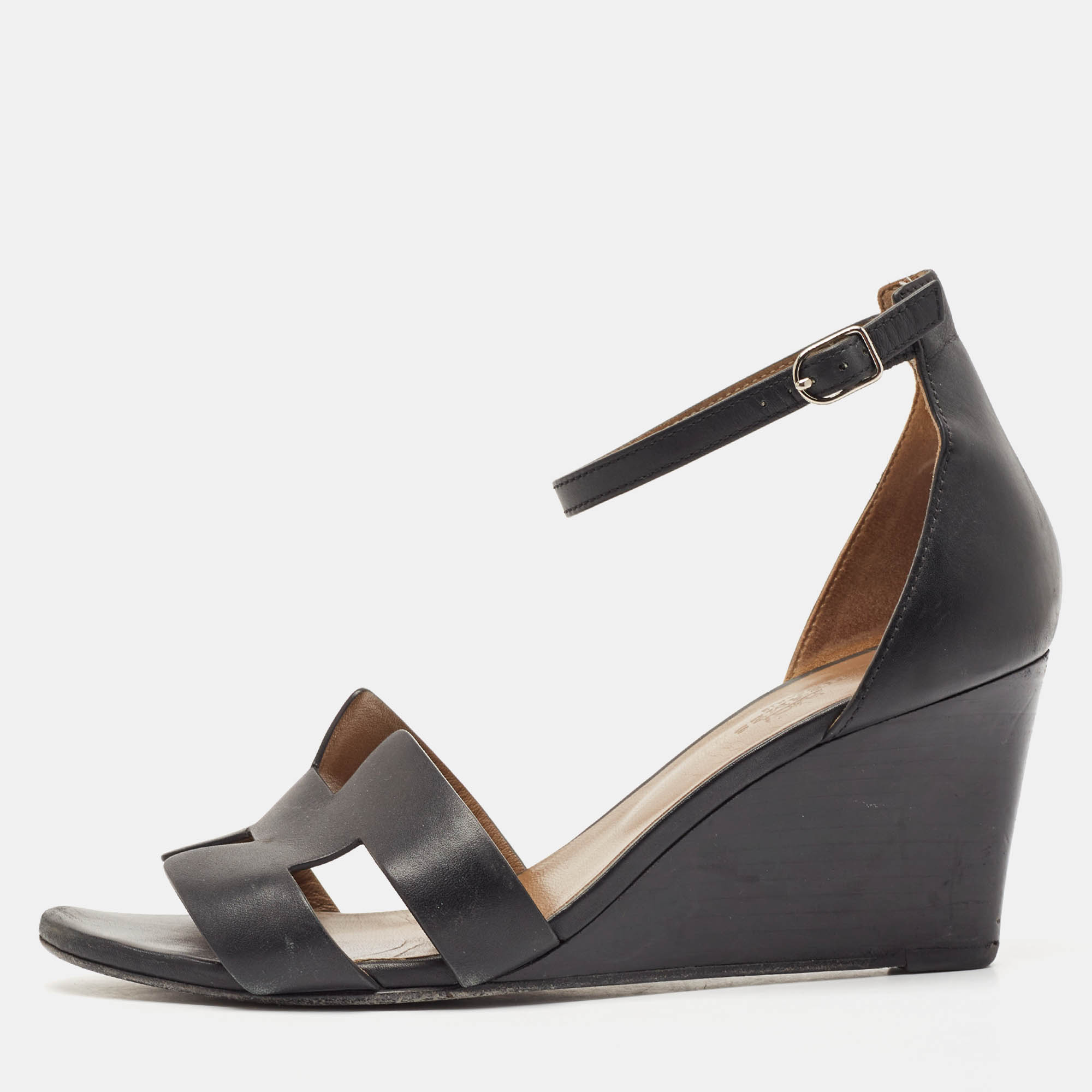 Hermes Black Leather Legend Ankle Strap Wedge Sandals Size 39.5